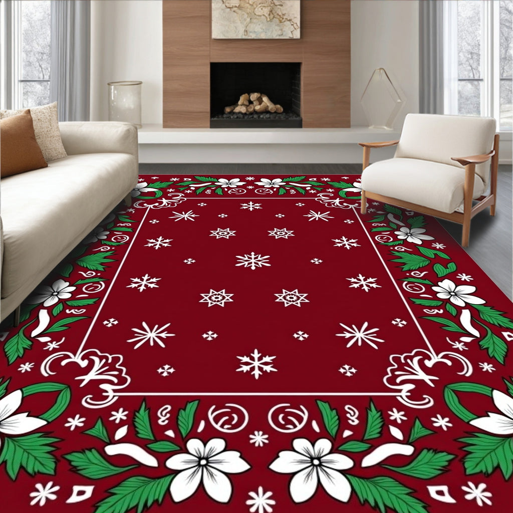 Crimson Floral Snowflakes Border Rug
