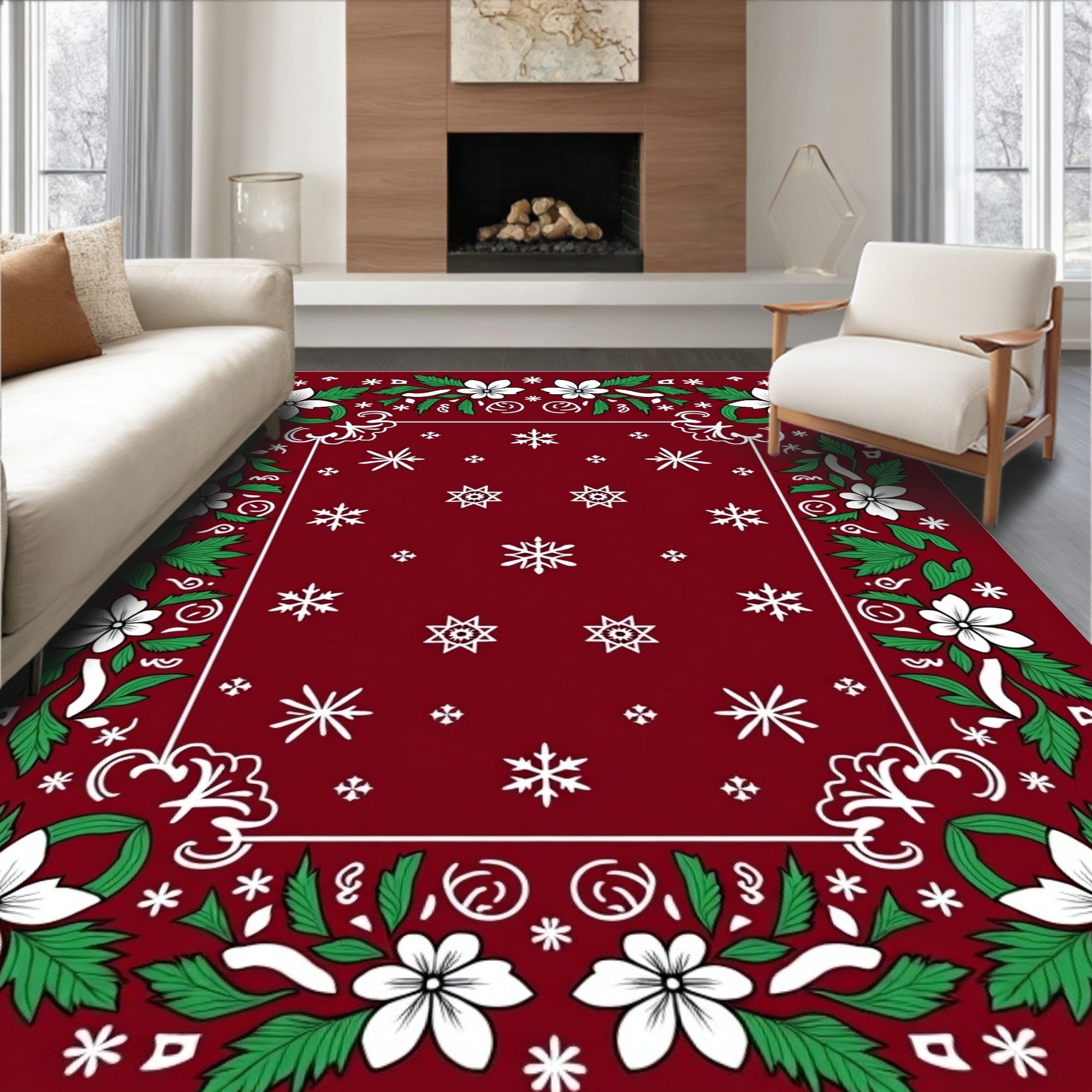 Crimson Floral Snowflakes Border Rug