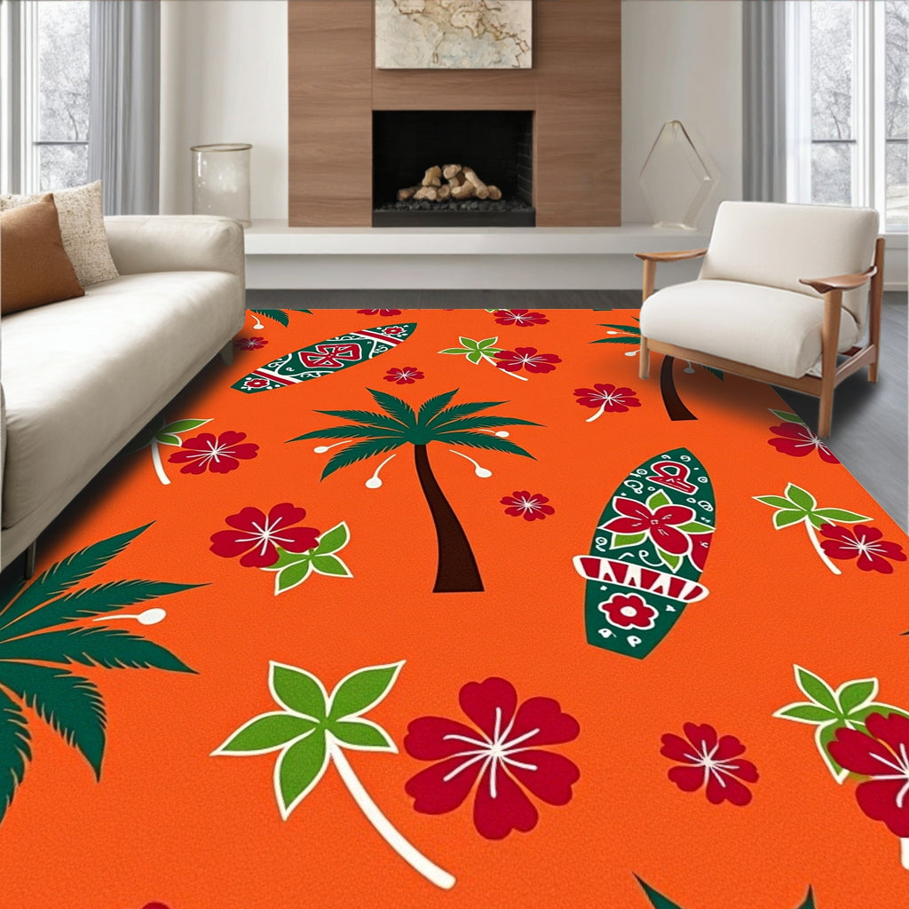 Orange Tropical Palm Surfboard Hibiscus Rug
