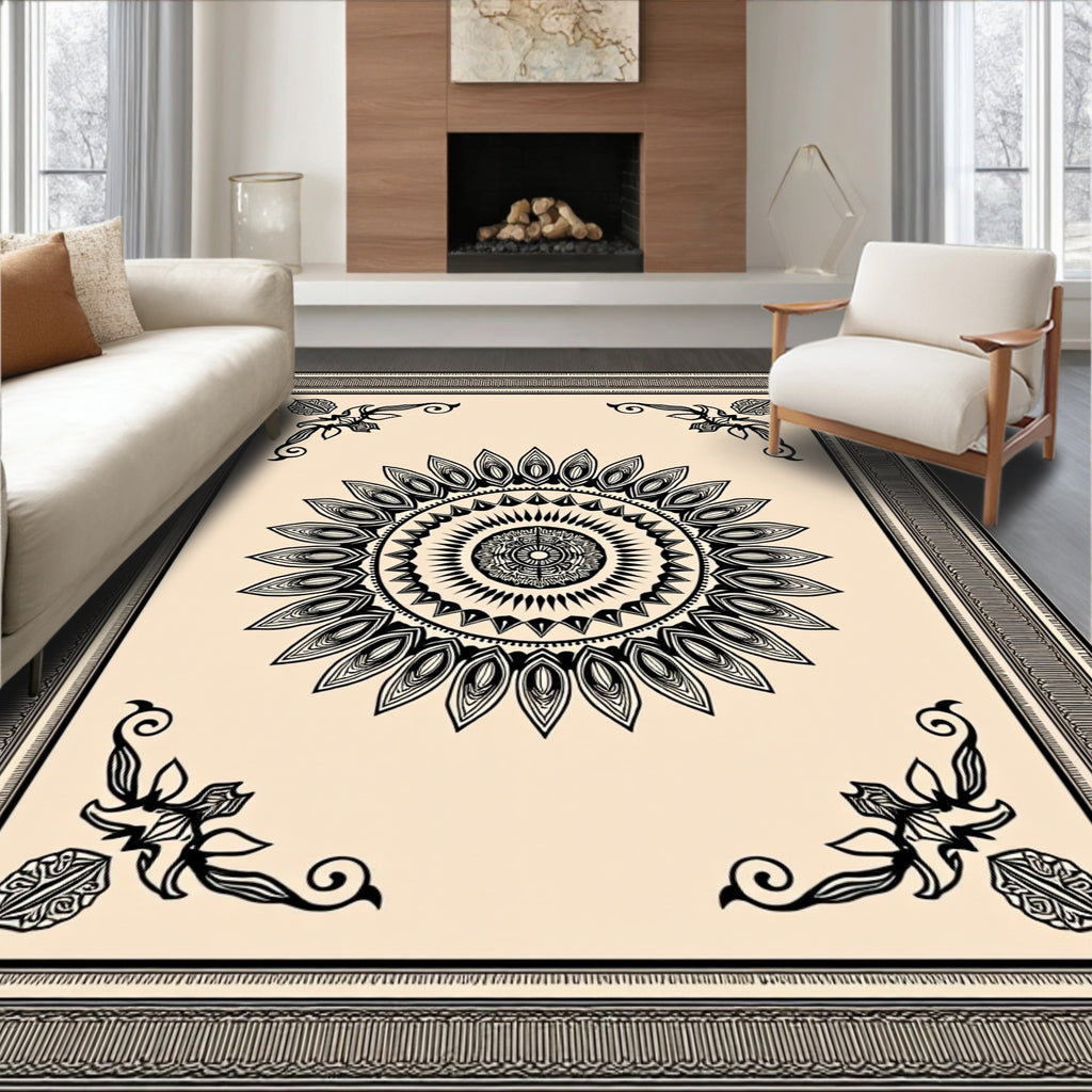 Black Cream Mandala Ornamental Frame Rug