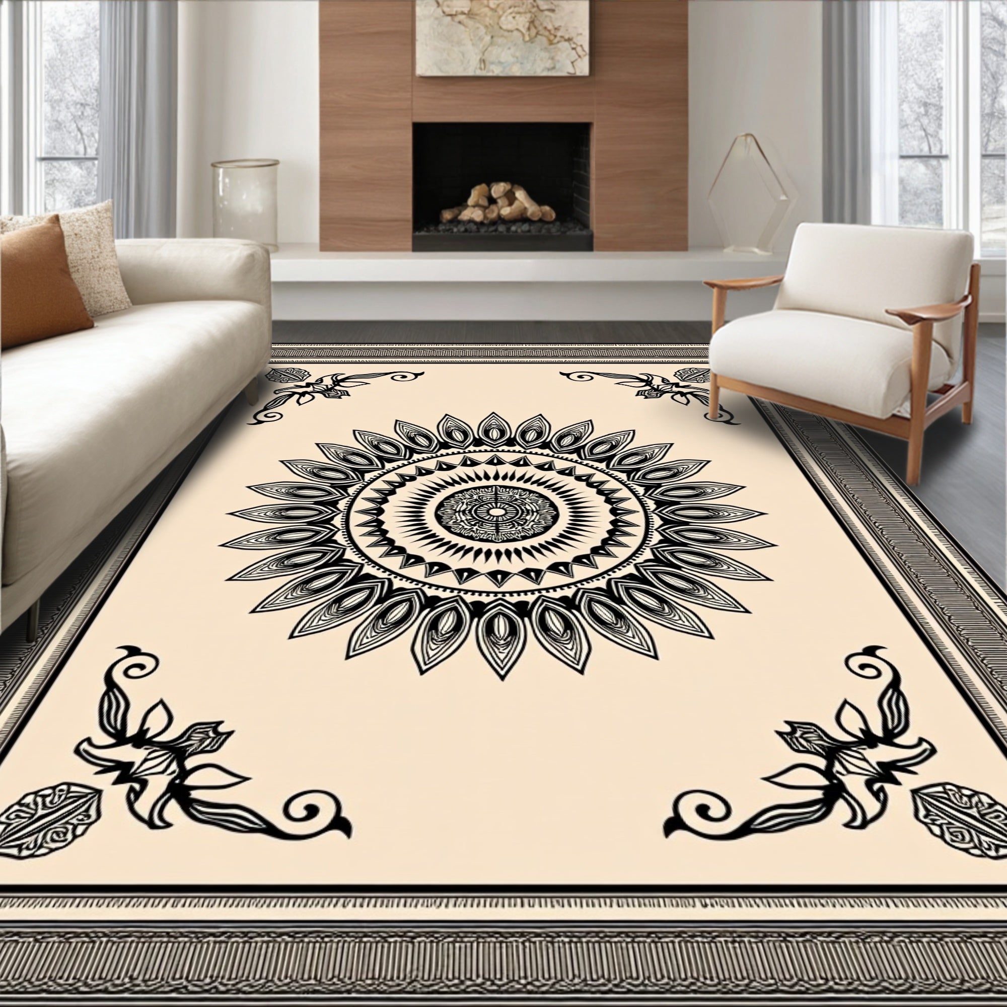 Black Cream Mandala Ornamental Frame Rug