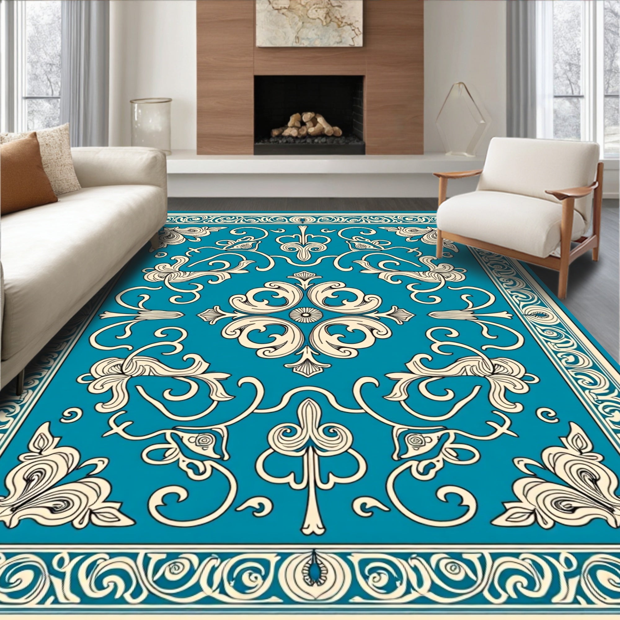 Teal Cream Ornate Floral Scroll Rug