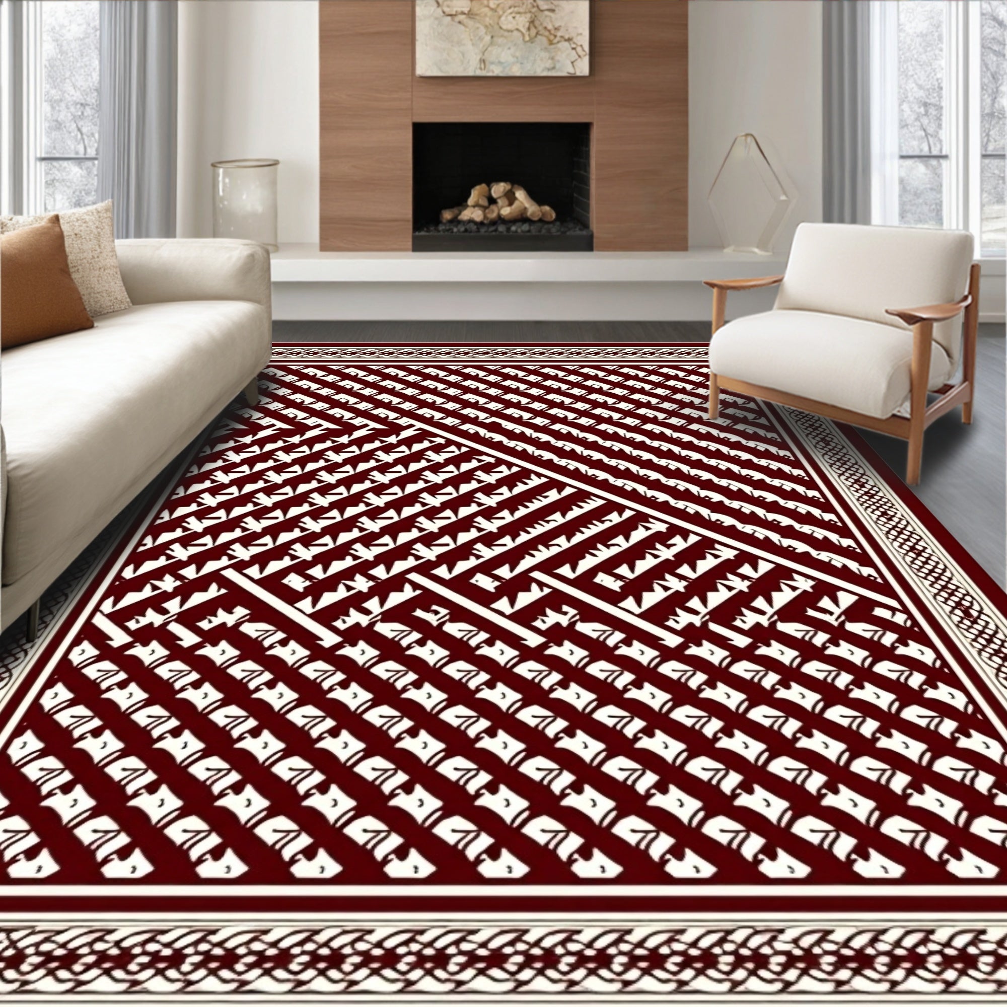 Deep Red Geometric Abstract Square Rug