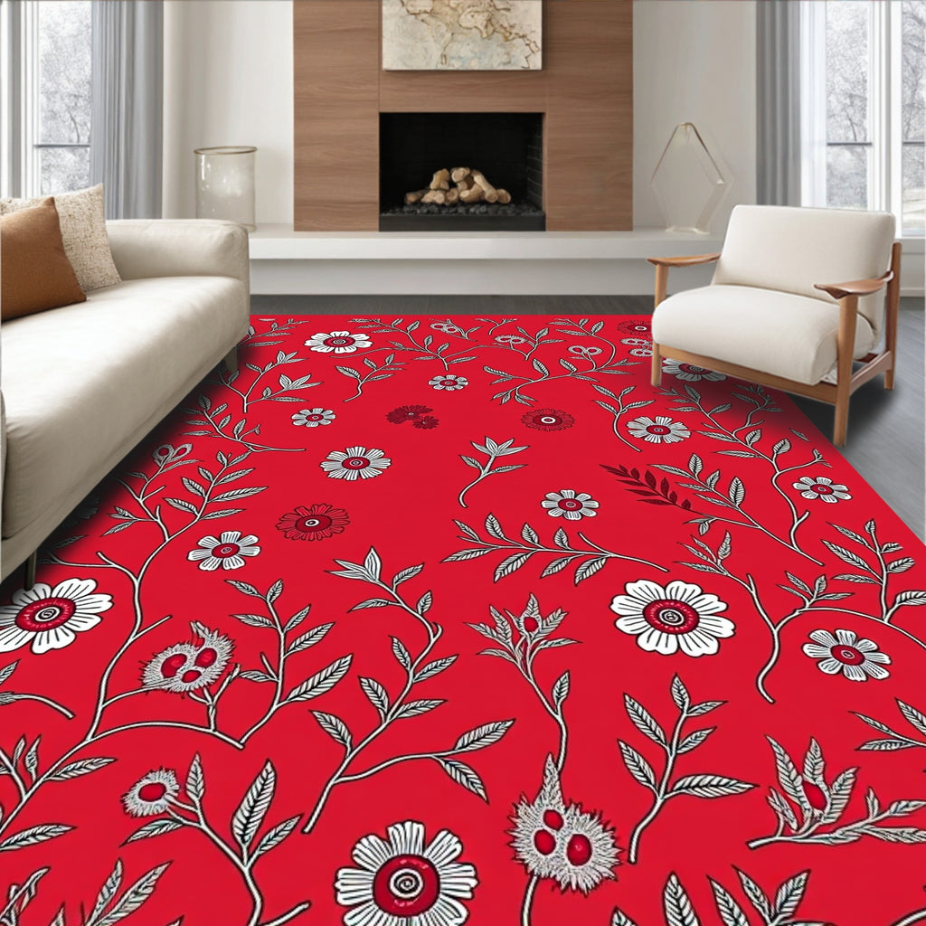 Red White Floral Botanical Vine Rug