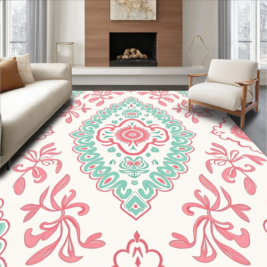 Coral Teal Damask Floral Medallion Rug