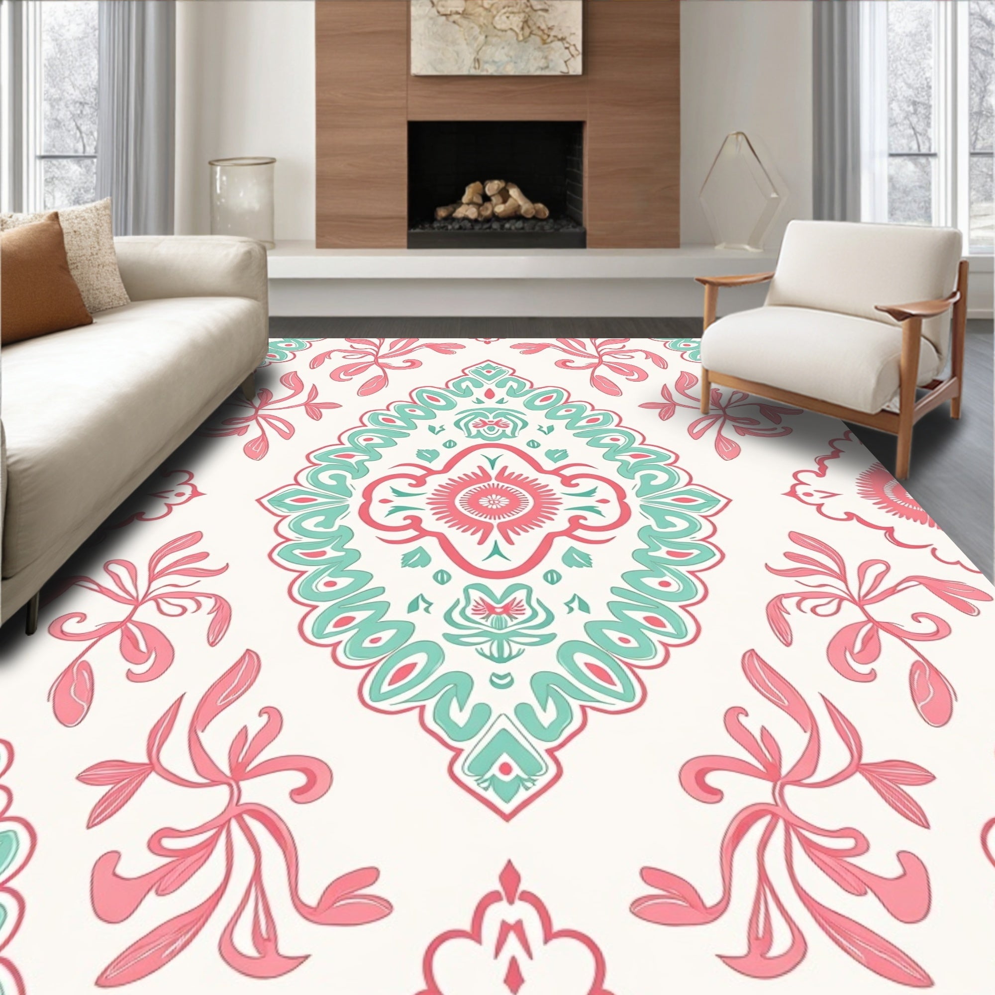 Coral Teal Damask Floral Medallion Rug