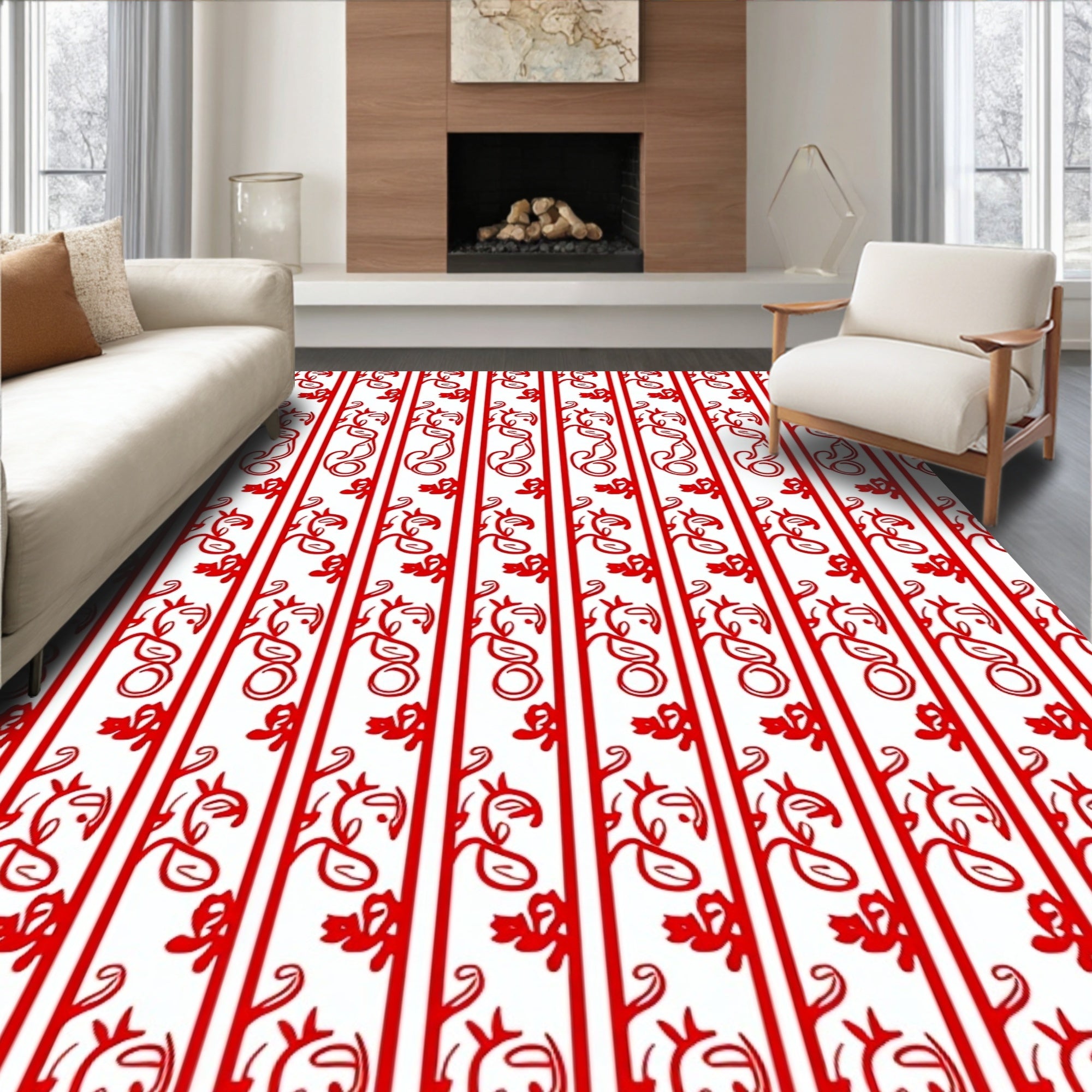 Red Floral Vine Stripe Rug