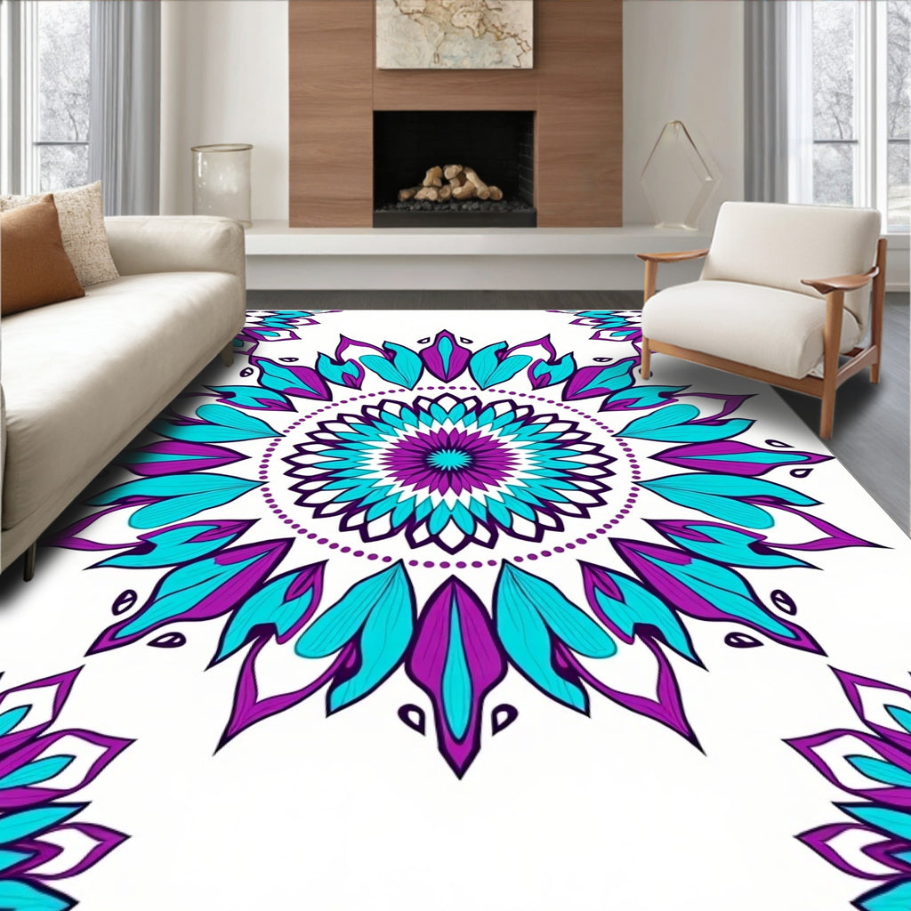 Vibrant Teal Purple Medallion Mandala Rug