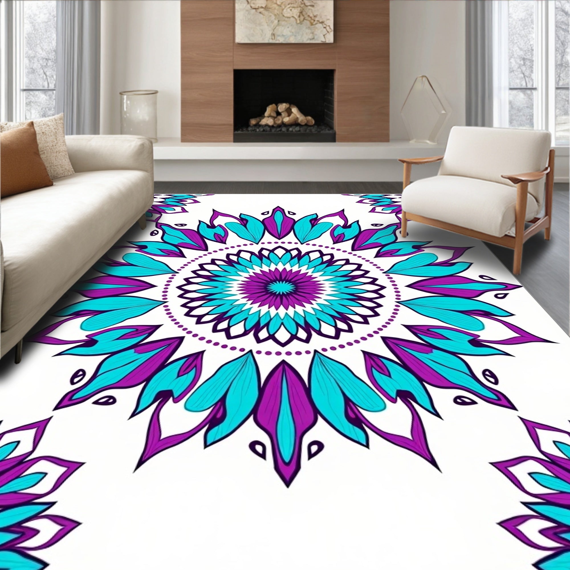 Vibrant Teal Purple Medallion Mandala Rug