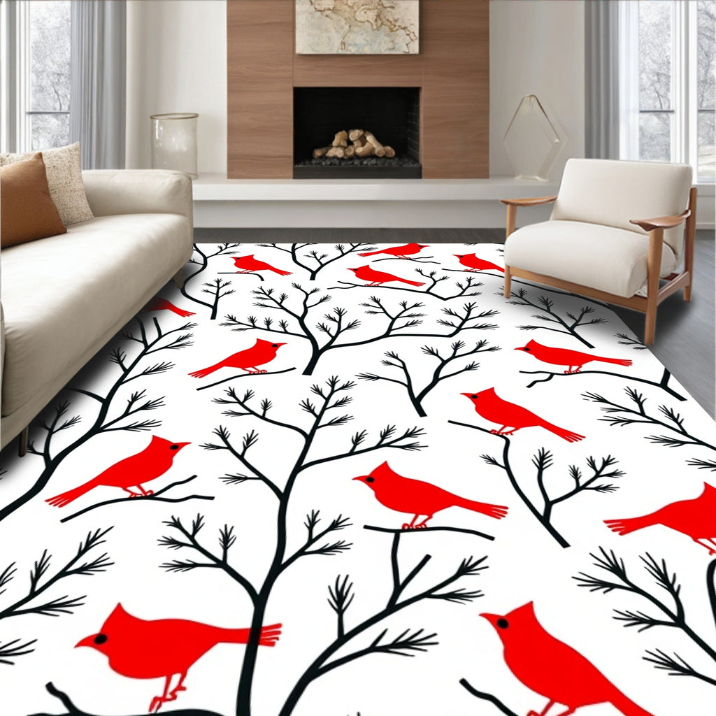 Red Cardinals Winter Tree Scene Rug