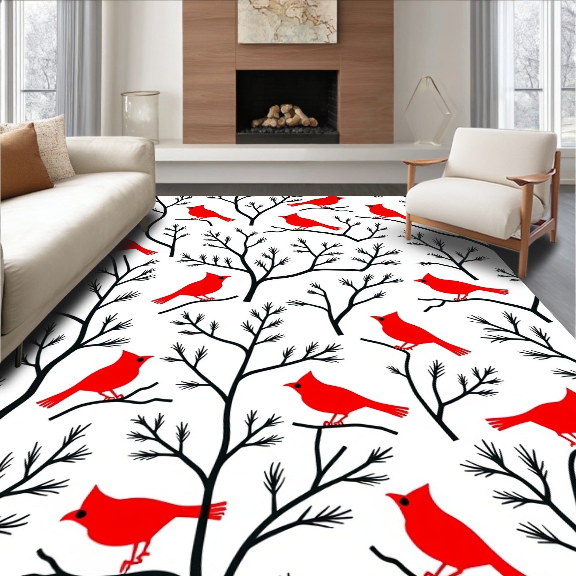 Red Cardinals Winter Tree Scene Rug