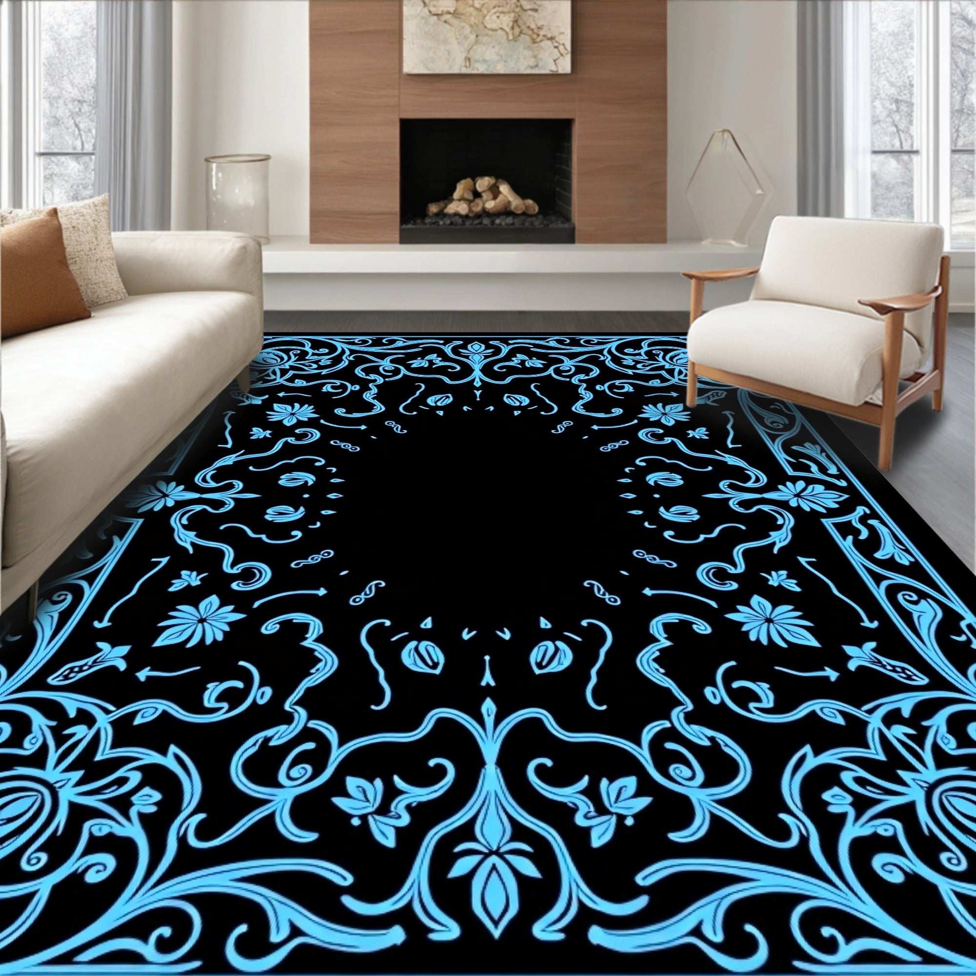 Light Blue Ornate Floral Symmetry Rug