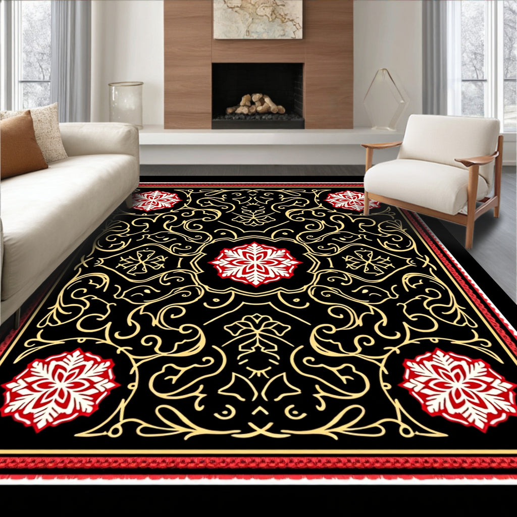 Crimson Red Geometric Floral Medallion Rug
