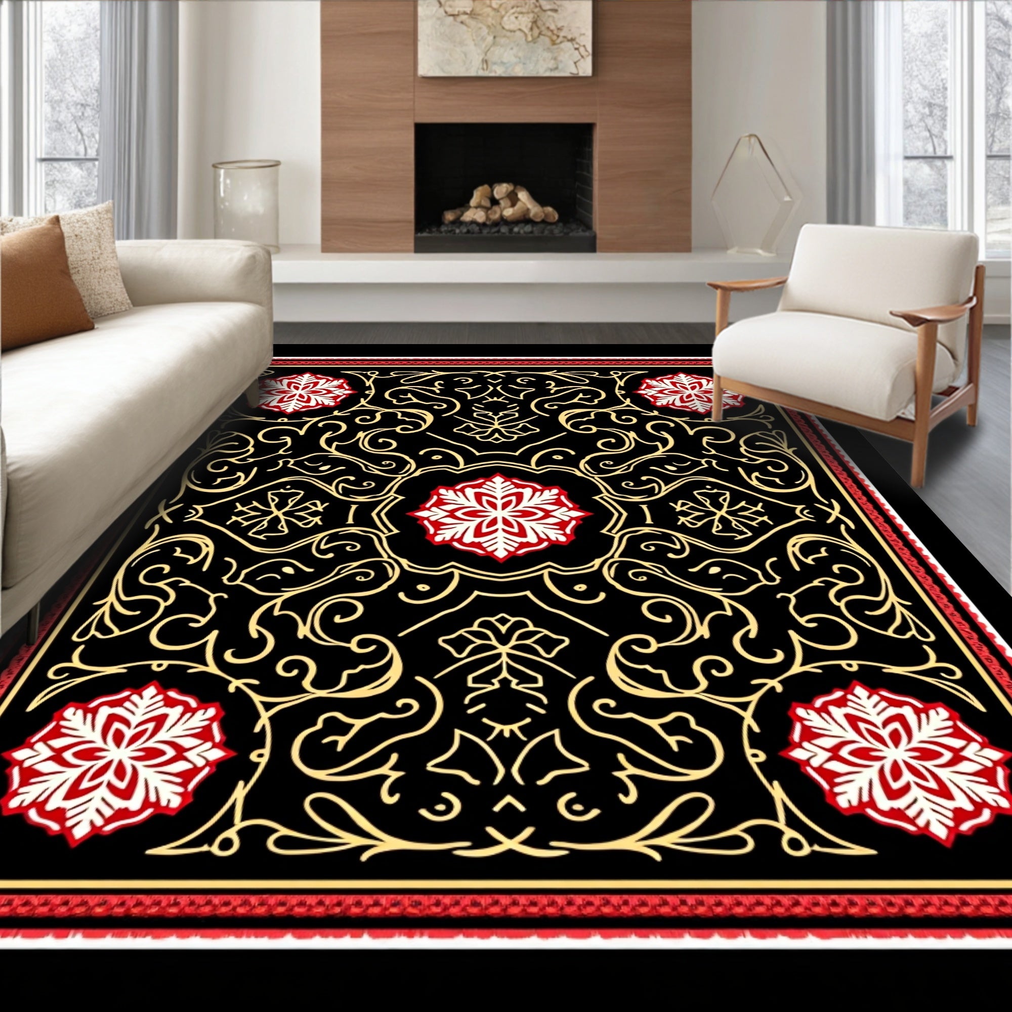 Crimson Red Geometric Floral Medallion Rug