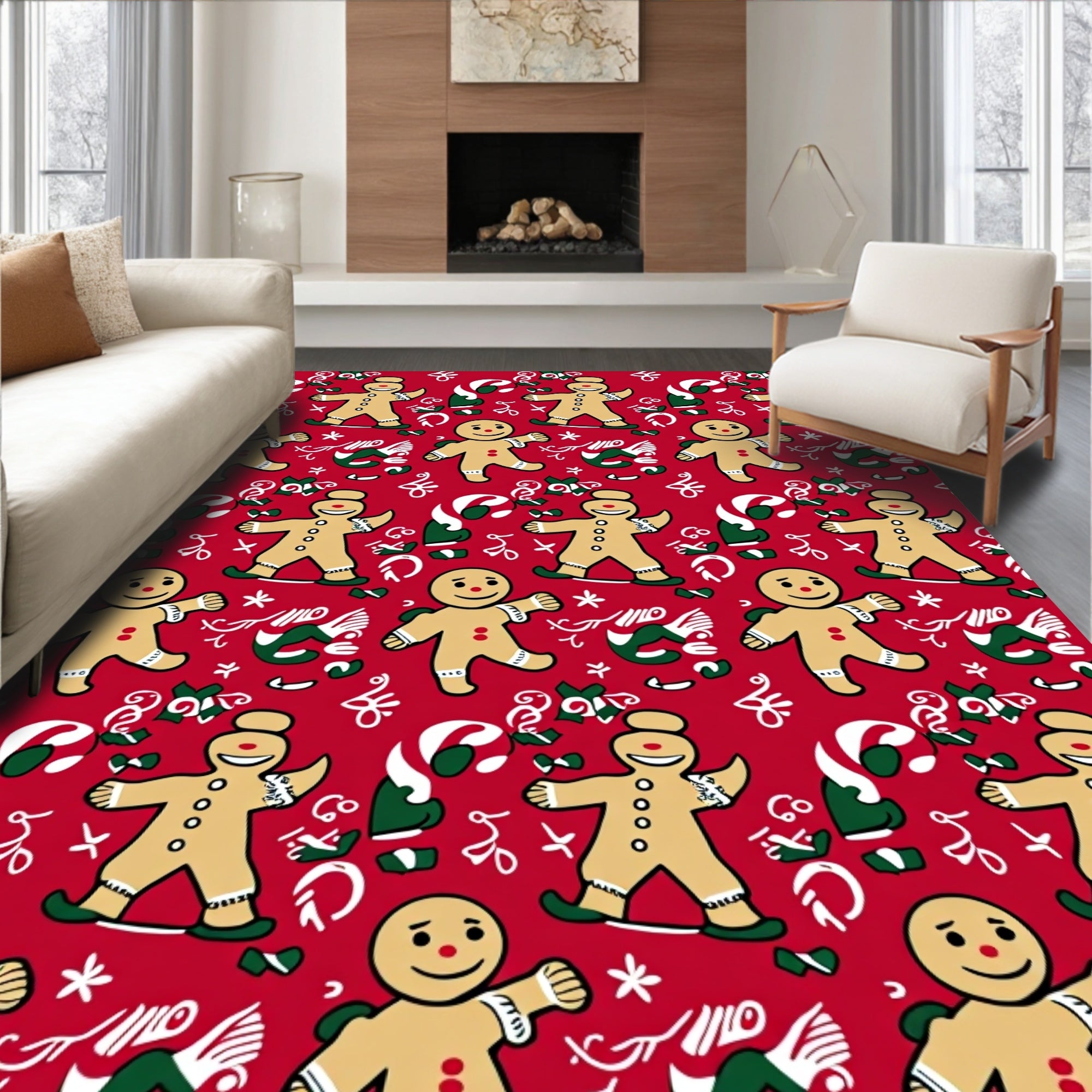 Happy Gingerbread Man Candy Cane Christmas Rug