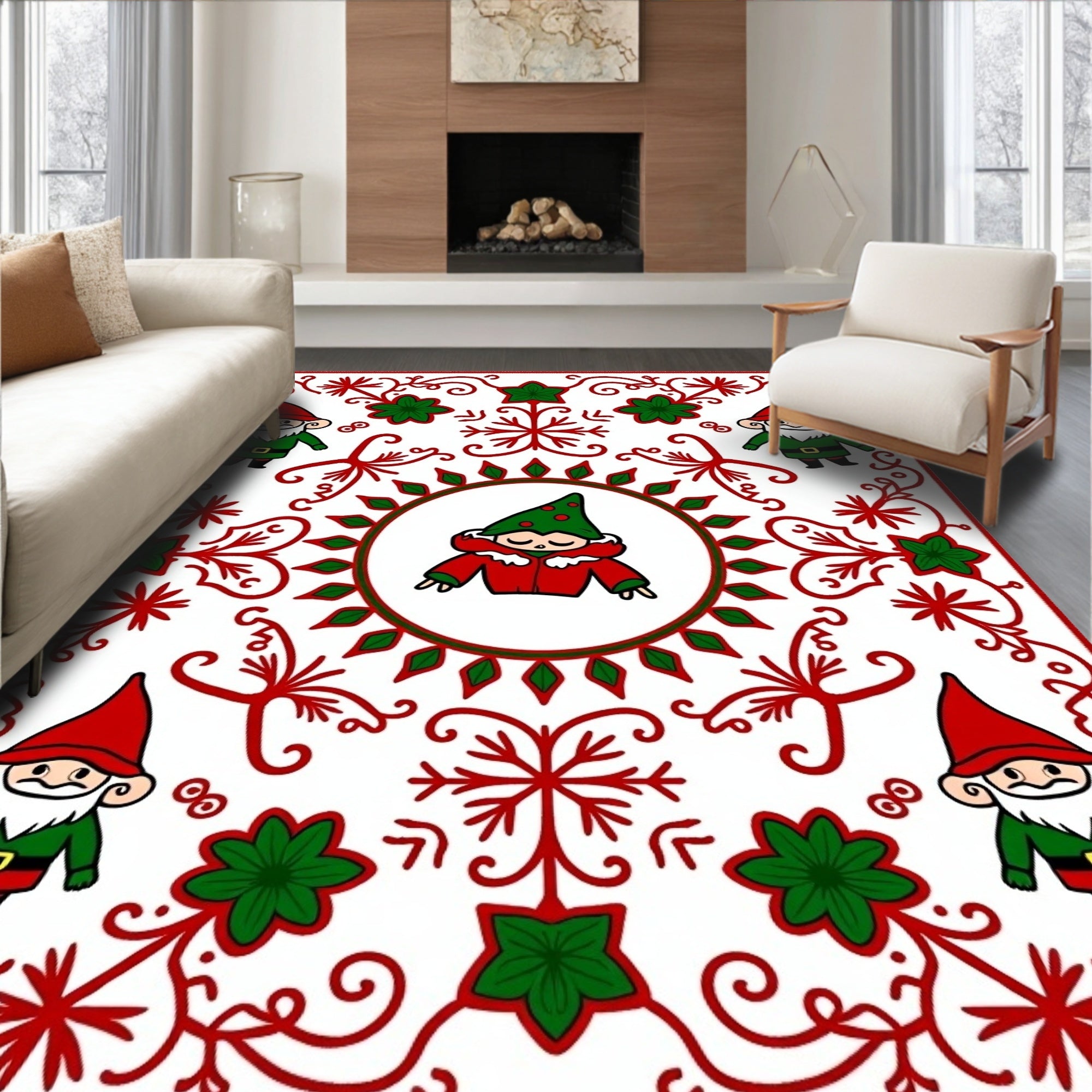 Festive Red Green Gnome Holiday Round Rug