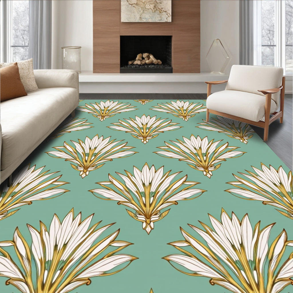 Art Deco Teal White Golden Fan Rug