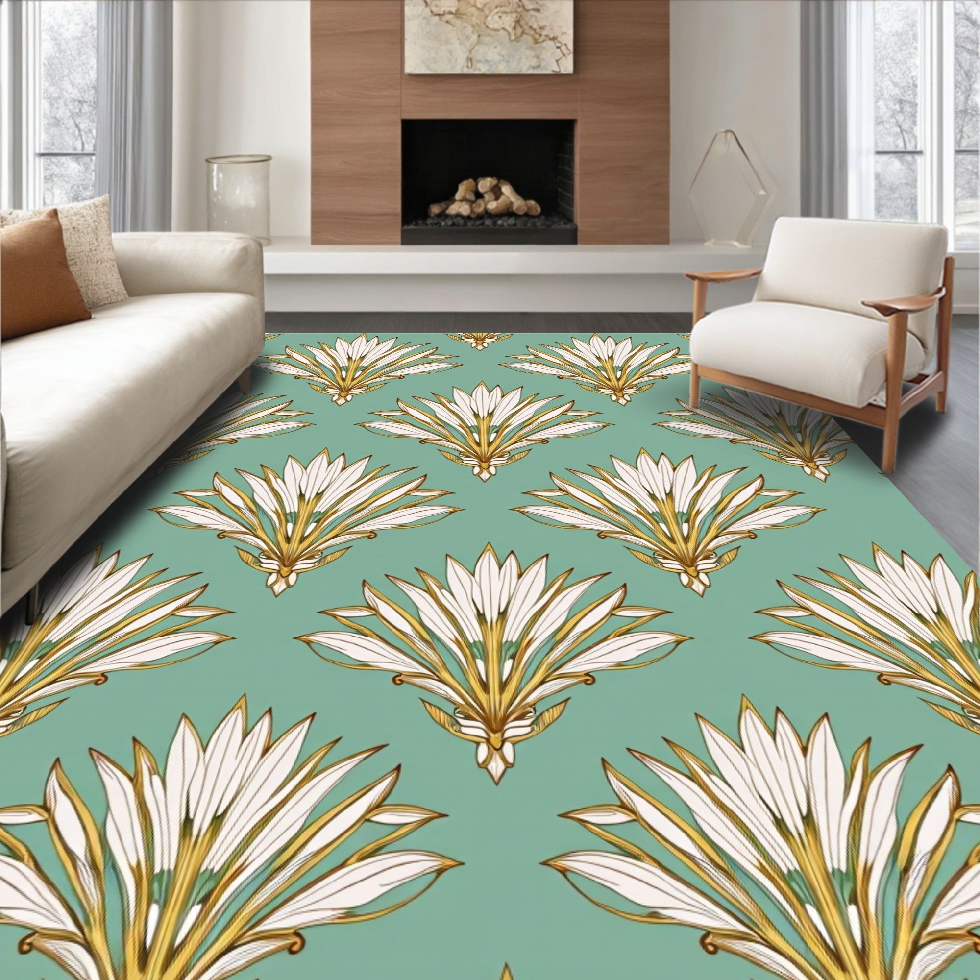 Art Deco Teal White Golden Fan Rug