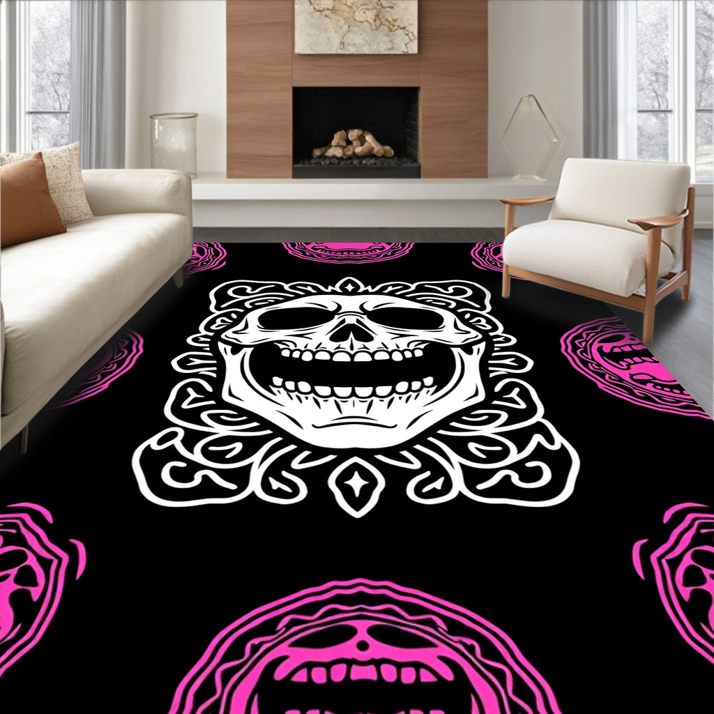 Ghoulish White Skull Pink Ring Background Rug
