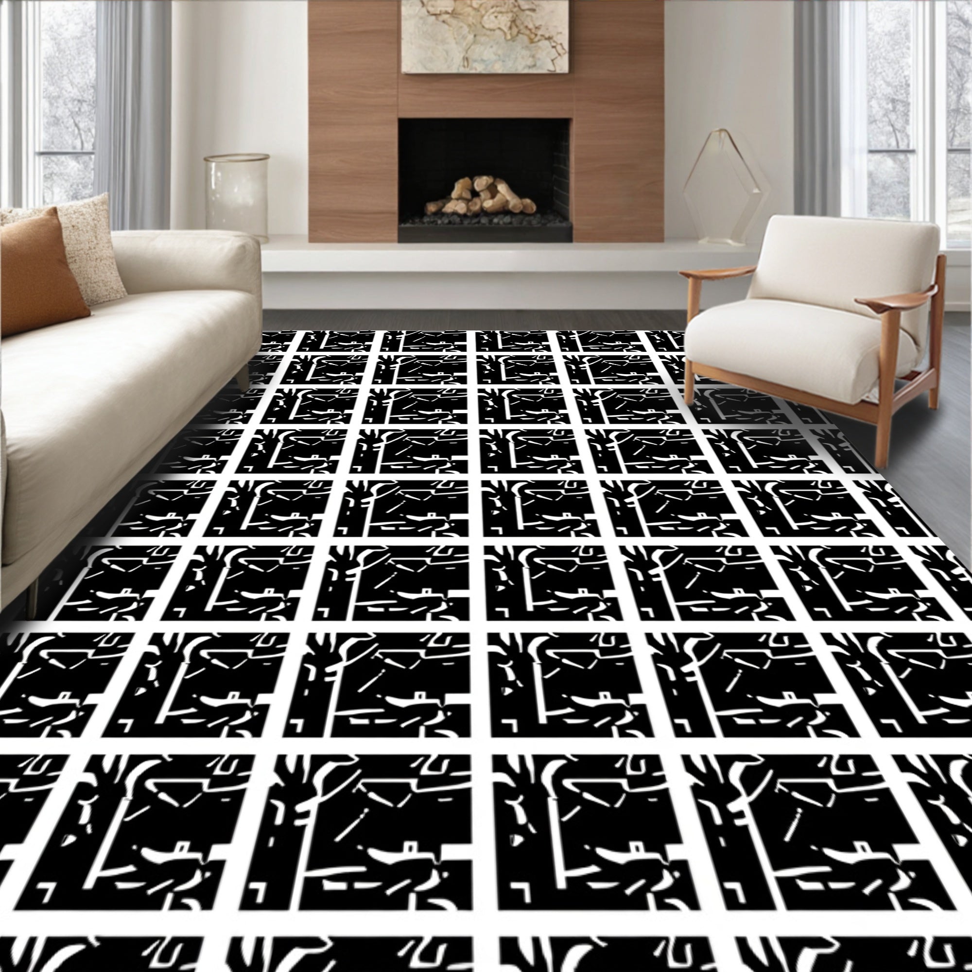 Graphic Black White Abstract Grid Rug