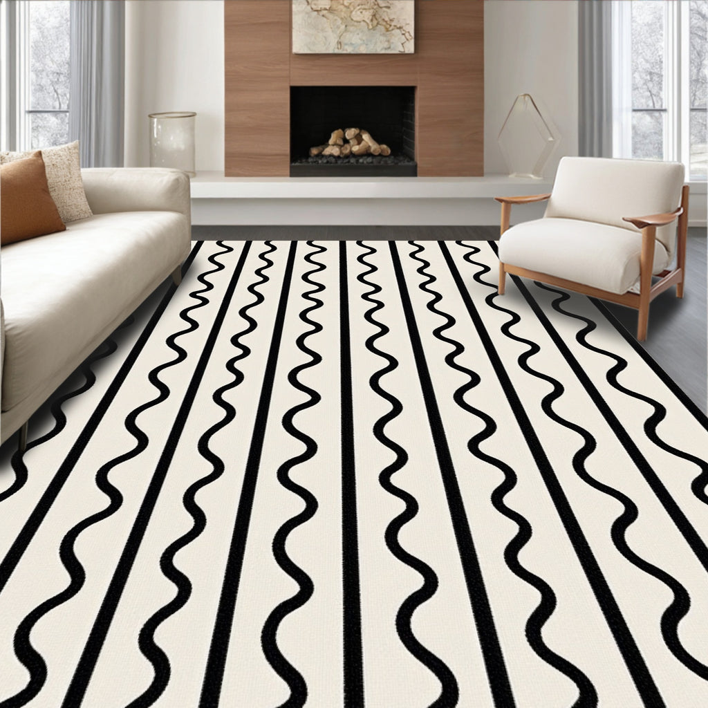 Modern Black White Wavy Stripe Rug