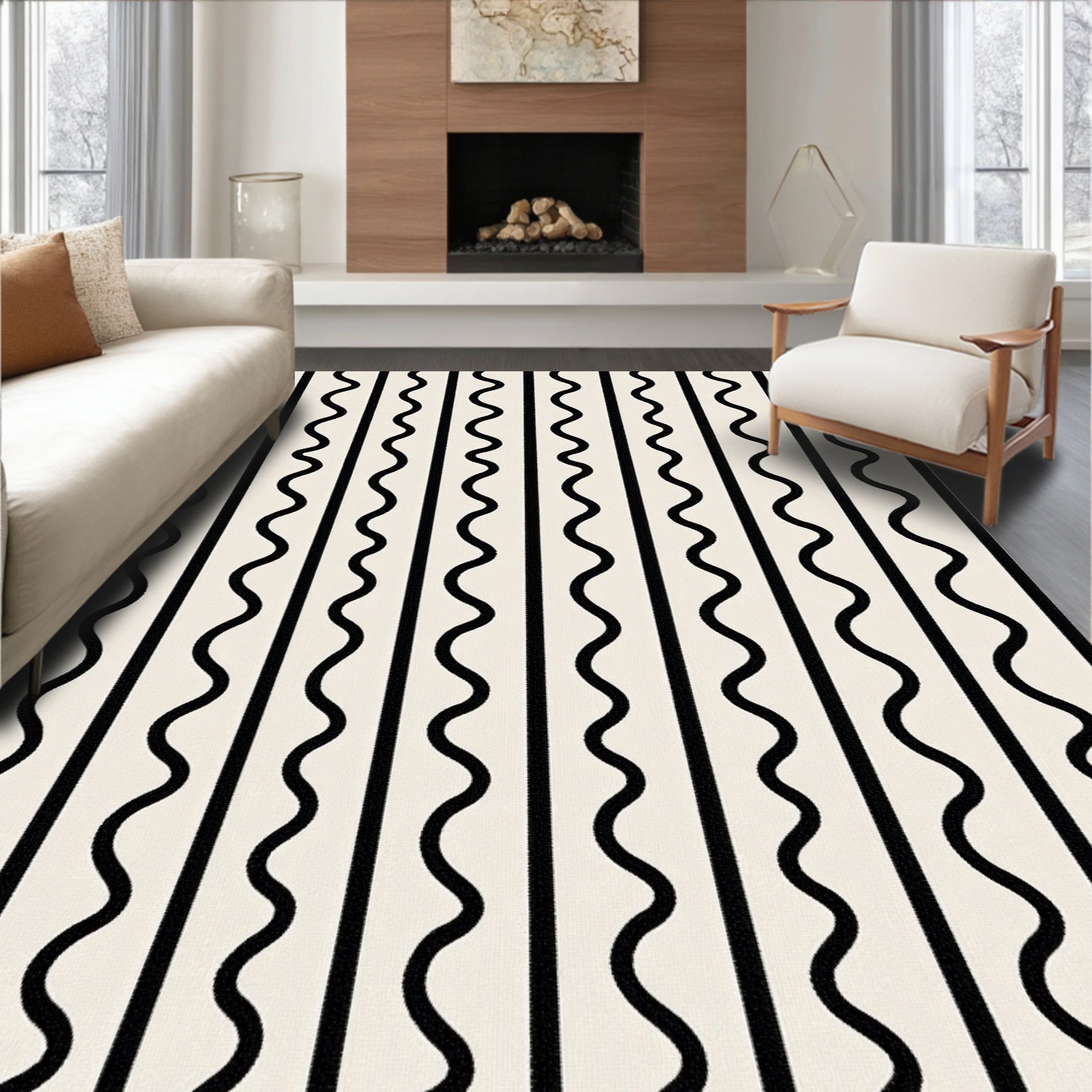 Modern Black White Wavy Stripe Rug