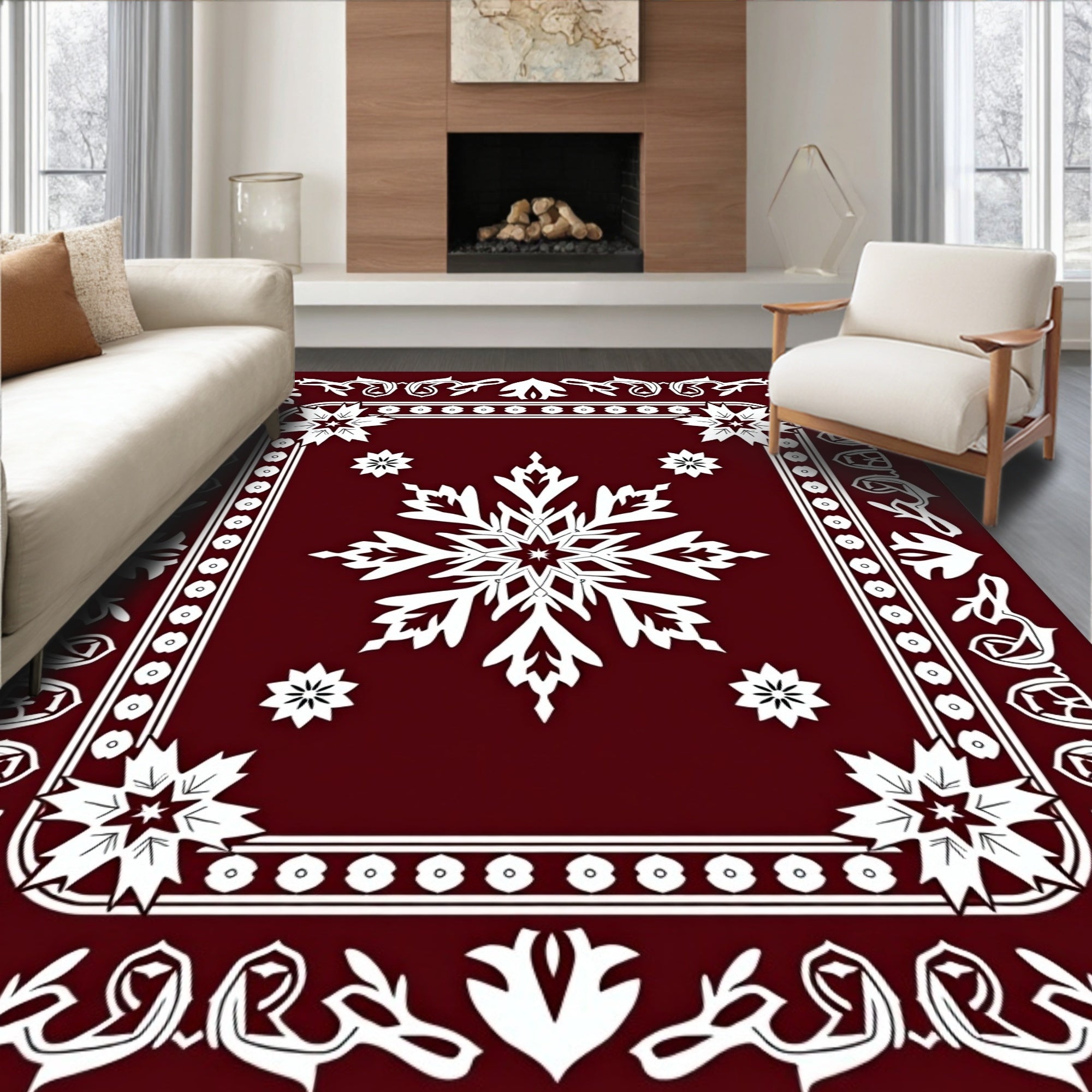 Crimson White Snowflake Medallion Border Rug