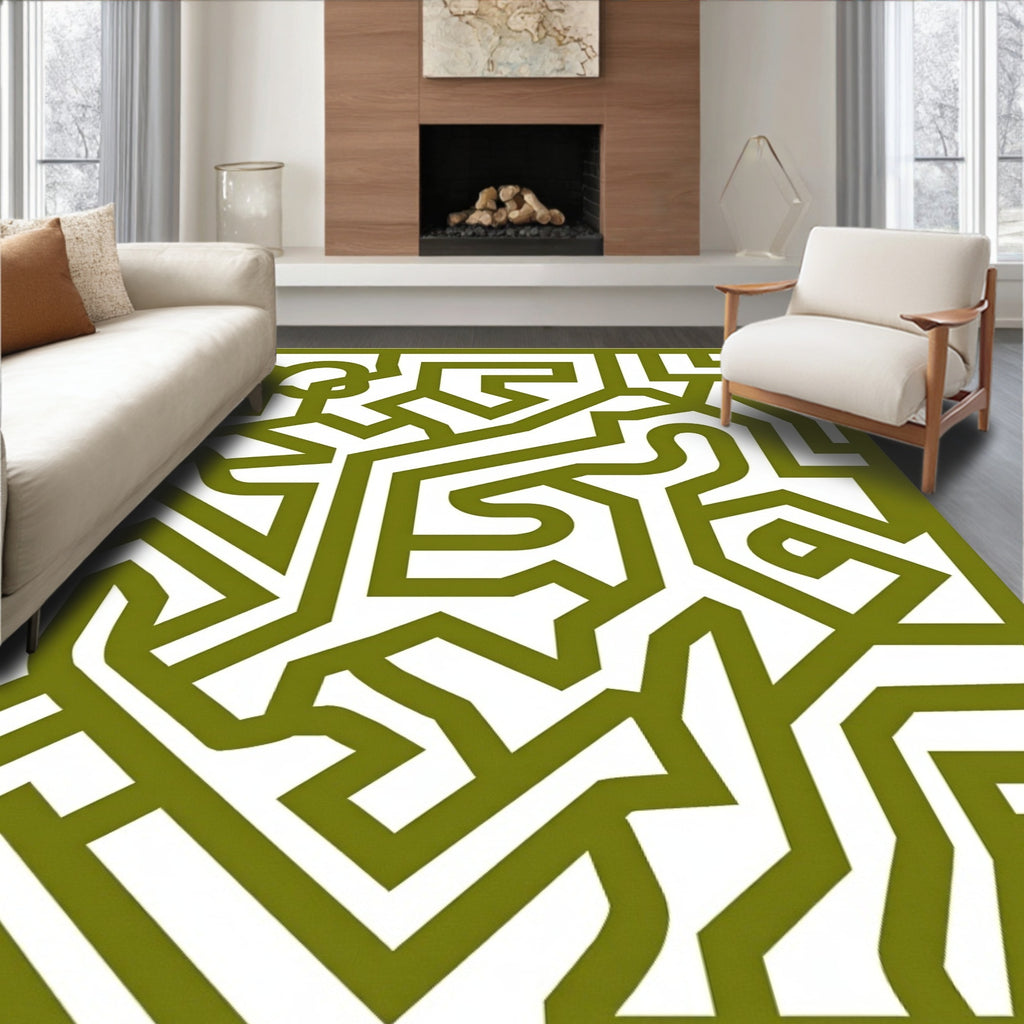 Olive Green Abstract Interlocking Maze Rug