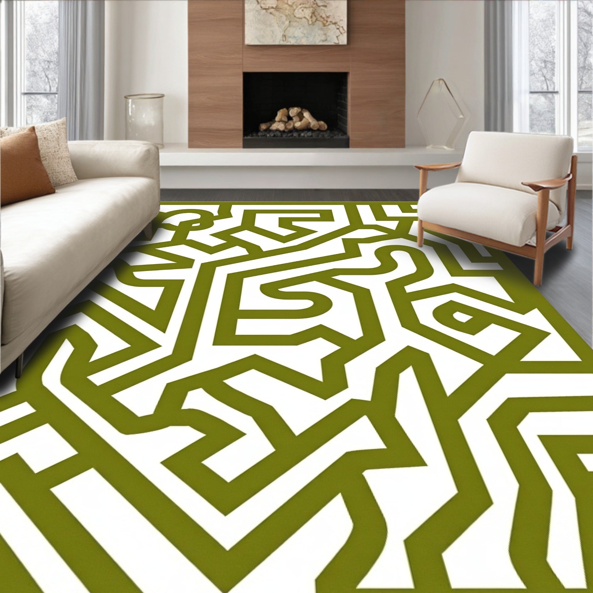 Olive Green Abstract Interlocking Maze Rug
