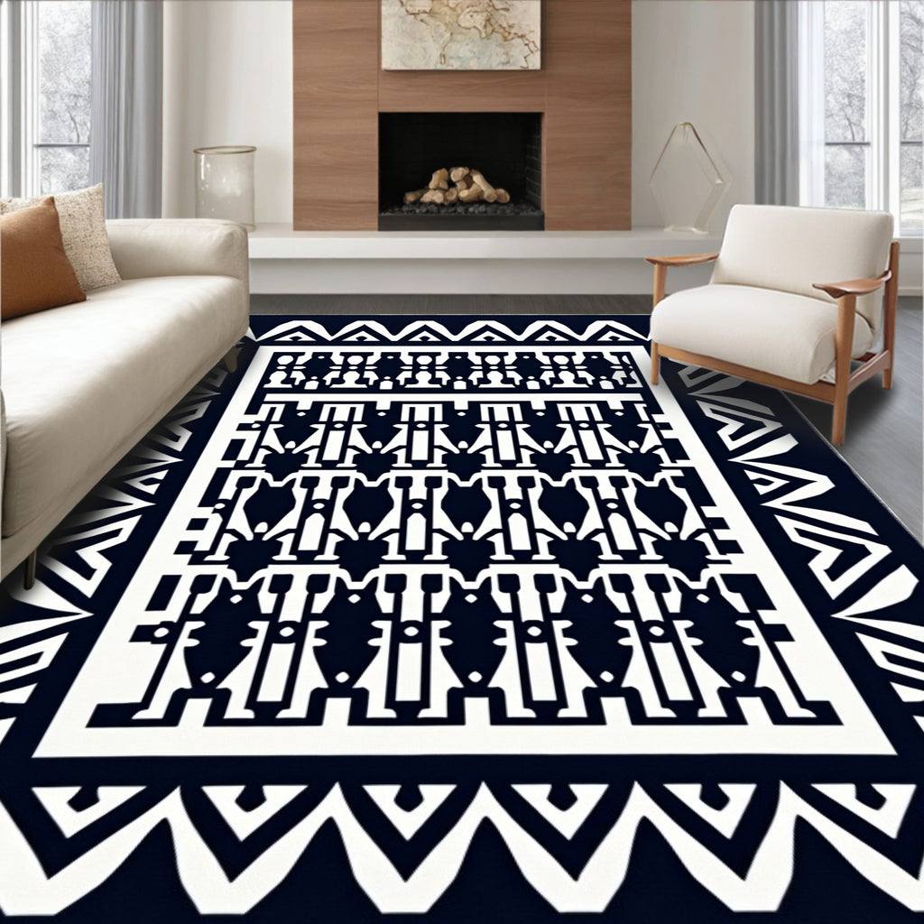 Bold Navy Geometric Tribal Border Rug