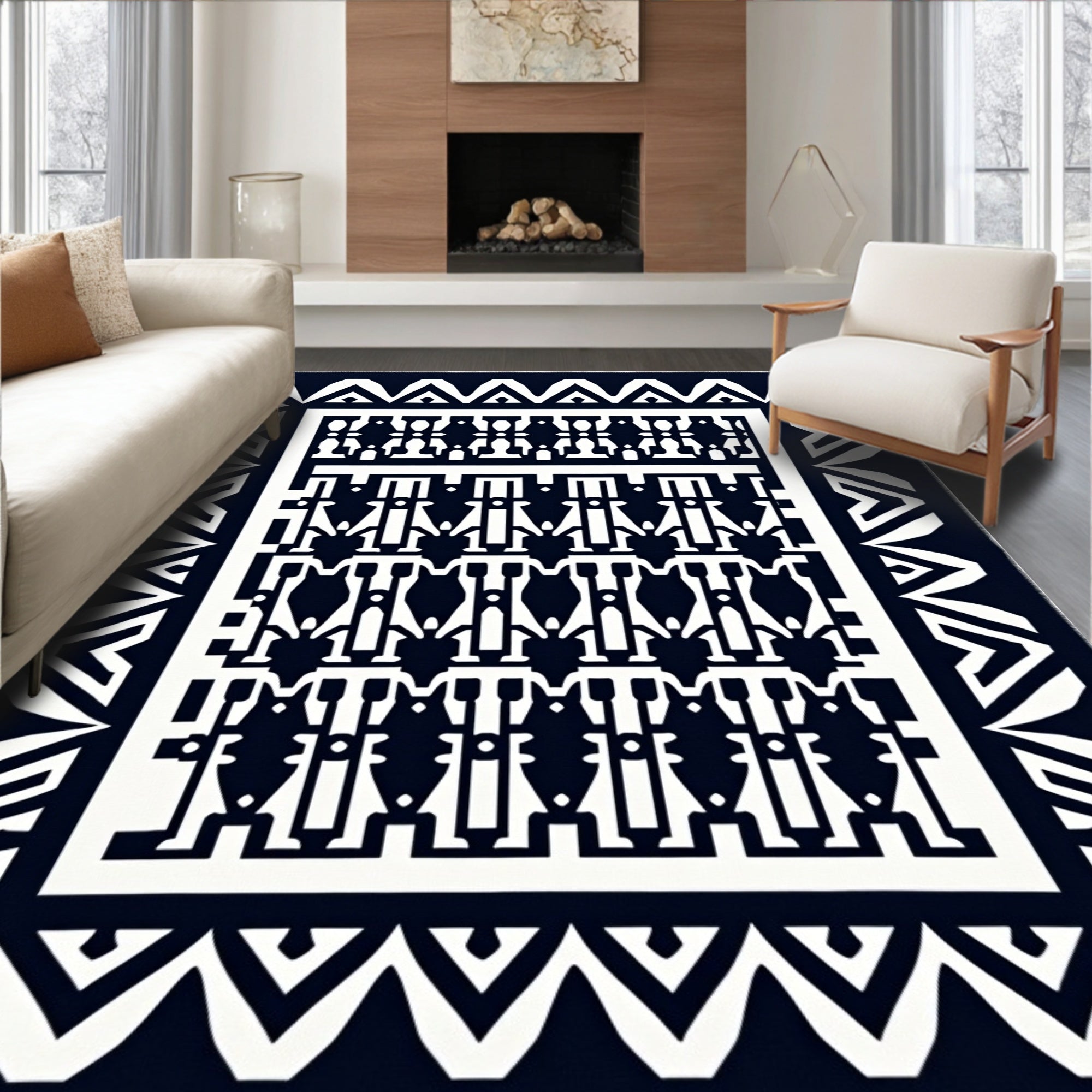 Bold Navy Geometric Tribal Border Rug