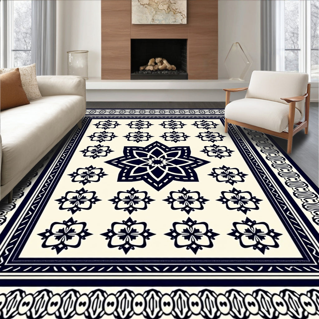 Navy Cream Floral Medallion Border Rug