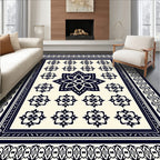 Navy Cream Floral Medallion Border Rug