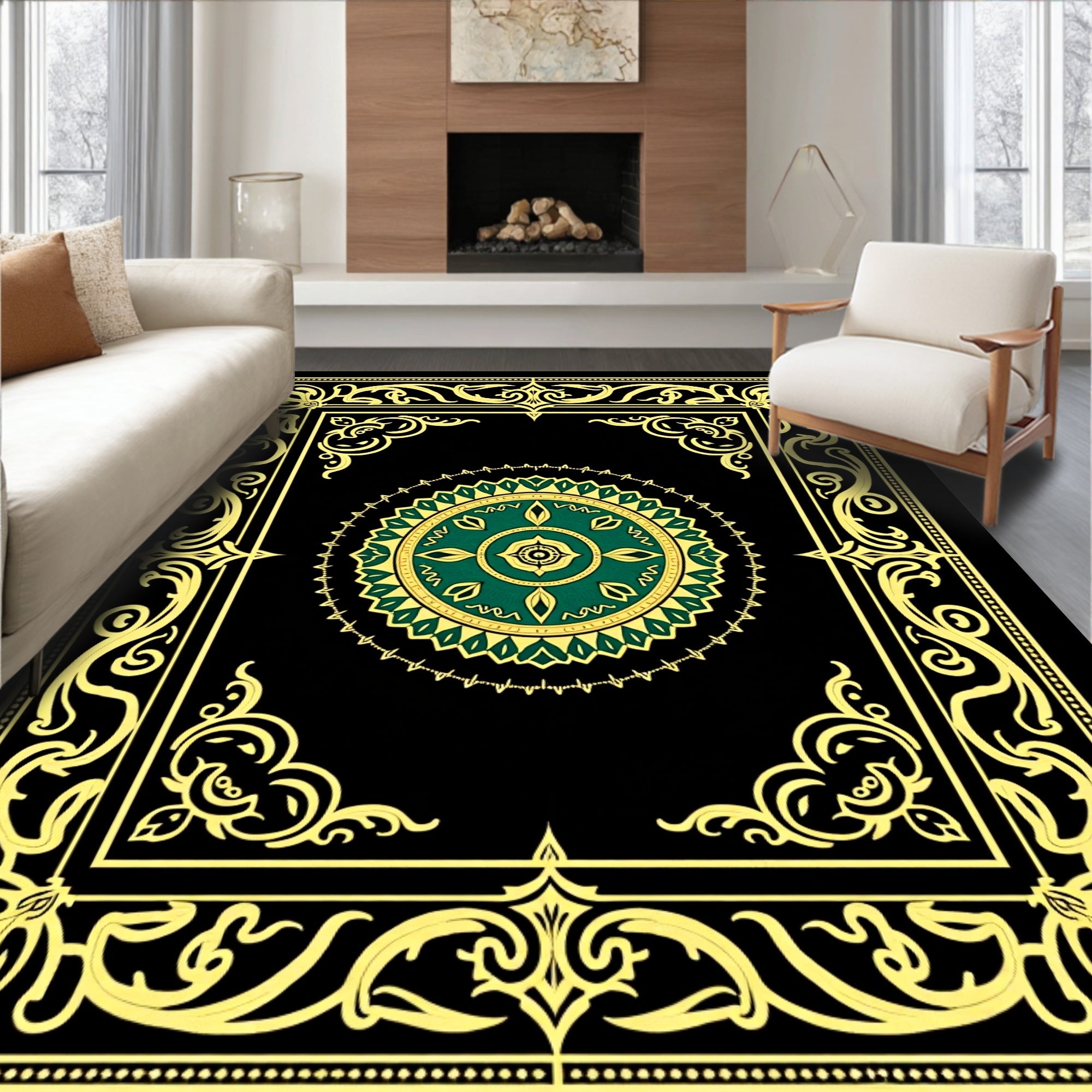 Ornate Emerald Gold Medallion Border Rug