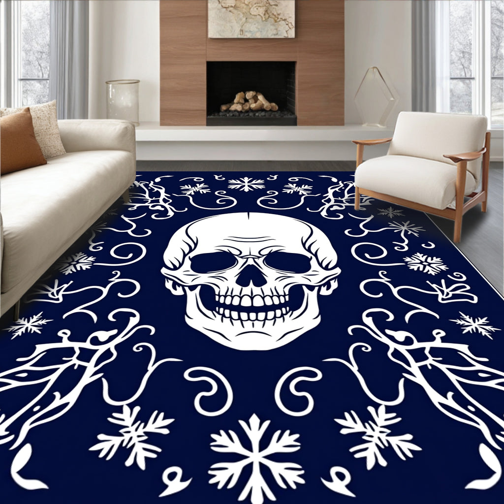 Dark Blue White Skull Floral Snowflake Rug