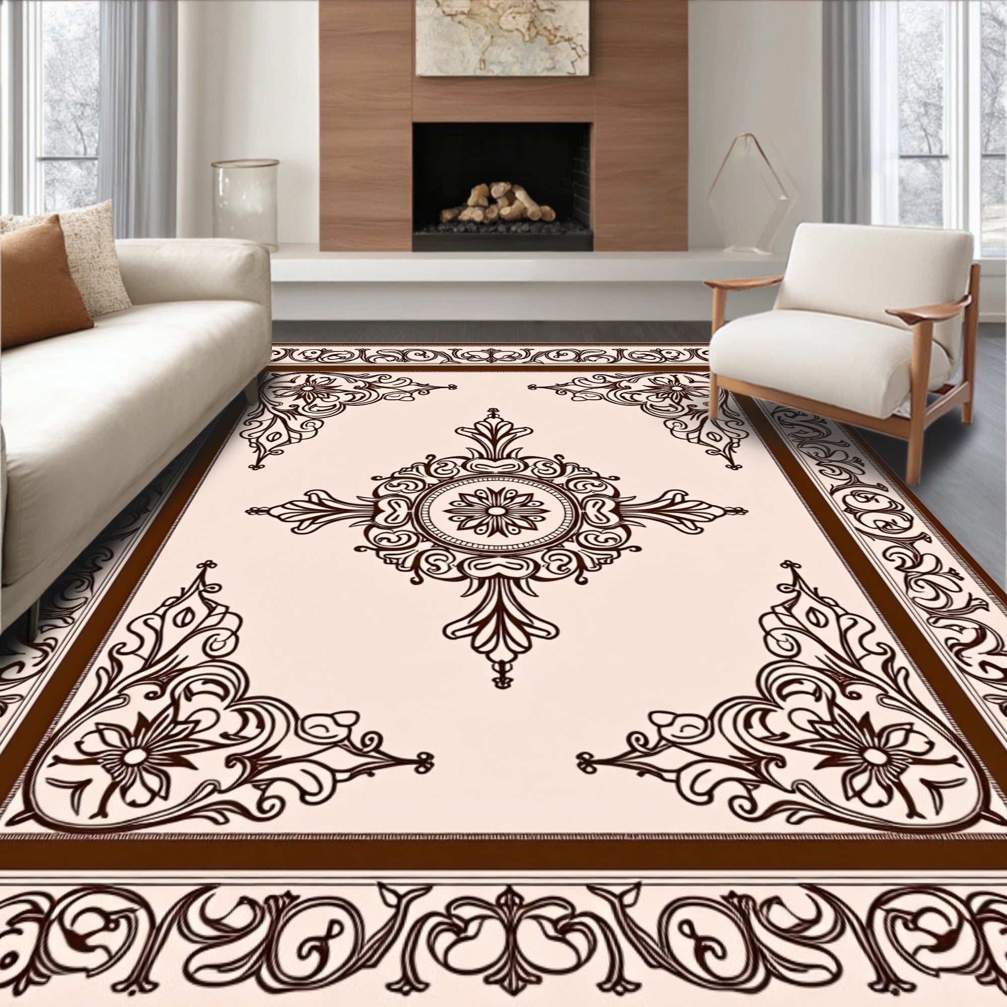 Cream and Brown Baroque Floral Medallion Rug