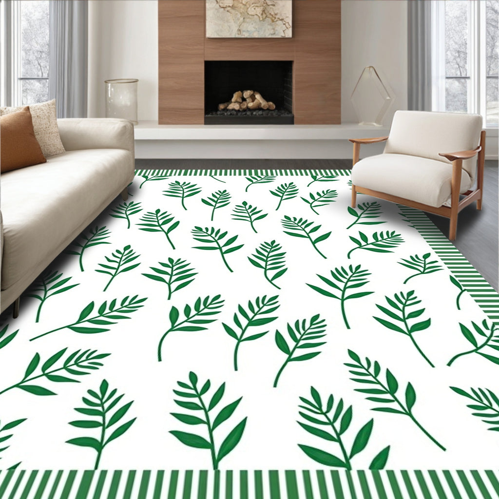 Green Leafy Branches Striped Border Rug
