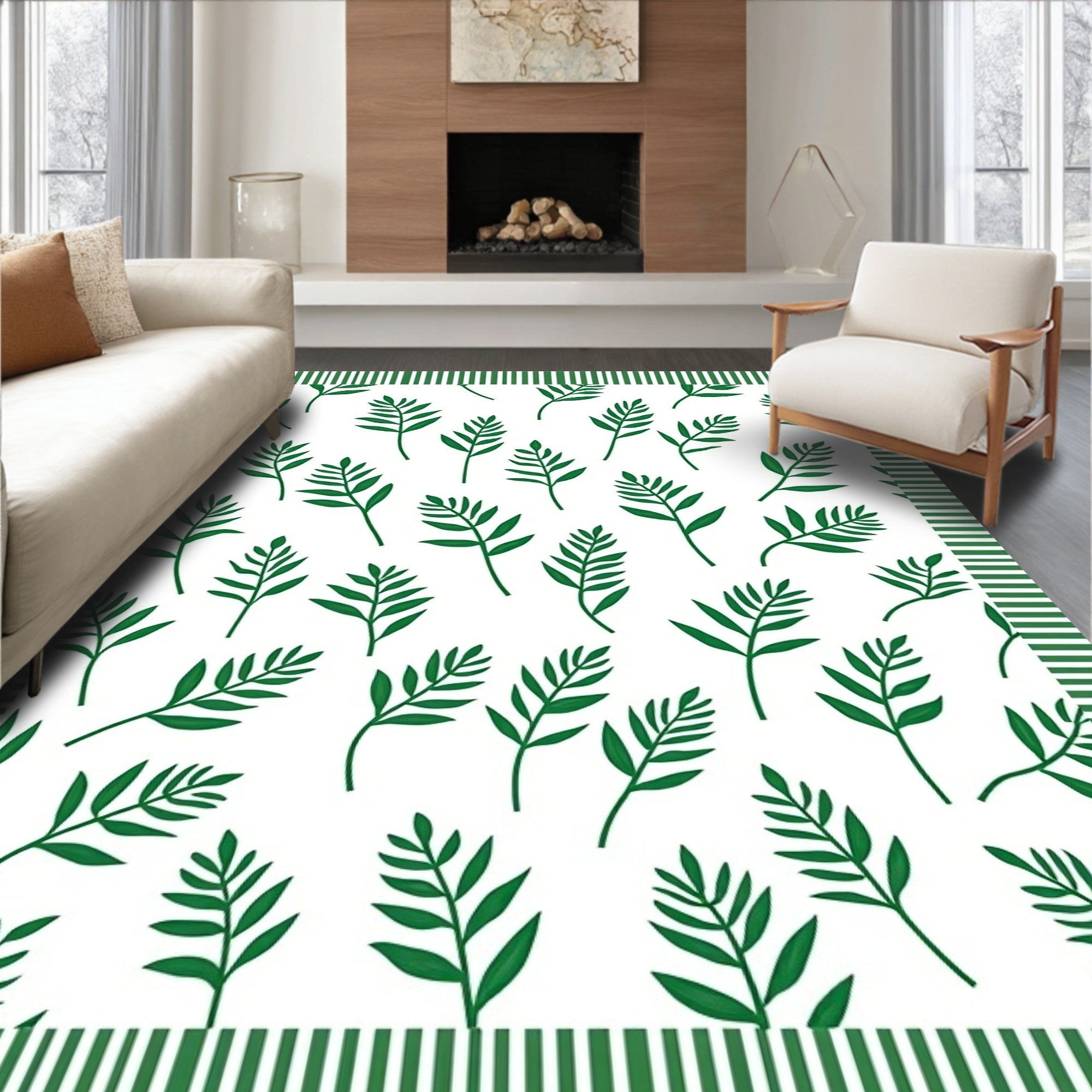 Green Leafy Branches Striped Border Rug