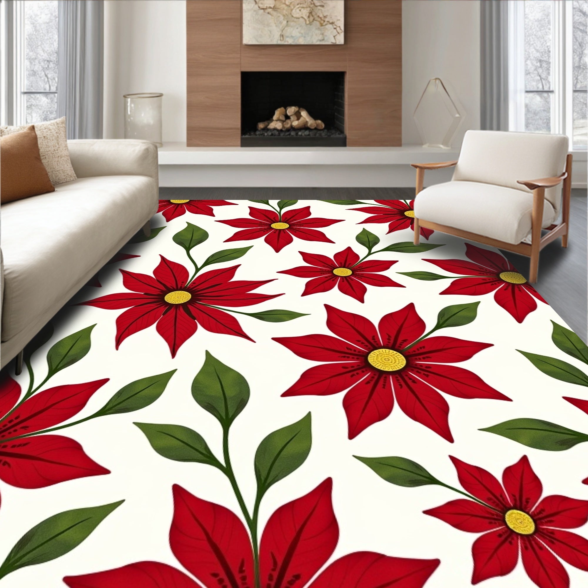 Red Poinsettia Floral Harmony Rug
