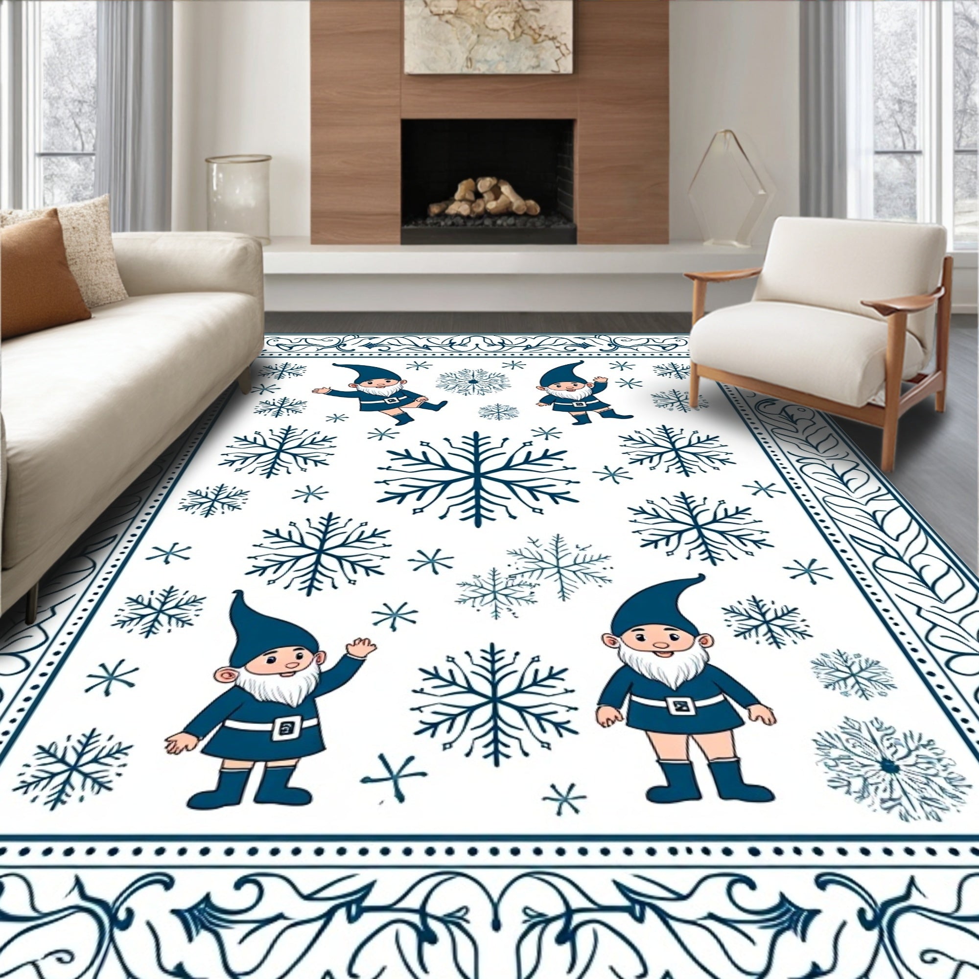 Charming Blue Gnomes Snowflake Winter Border Rug