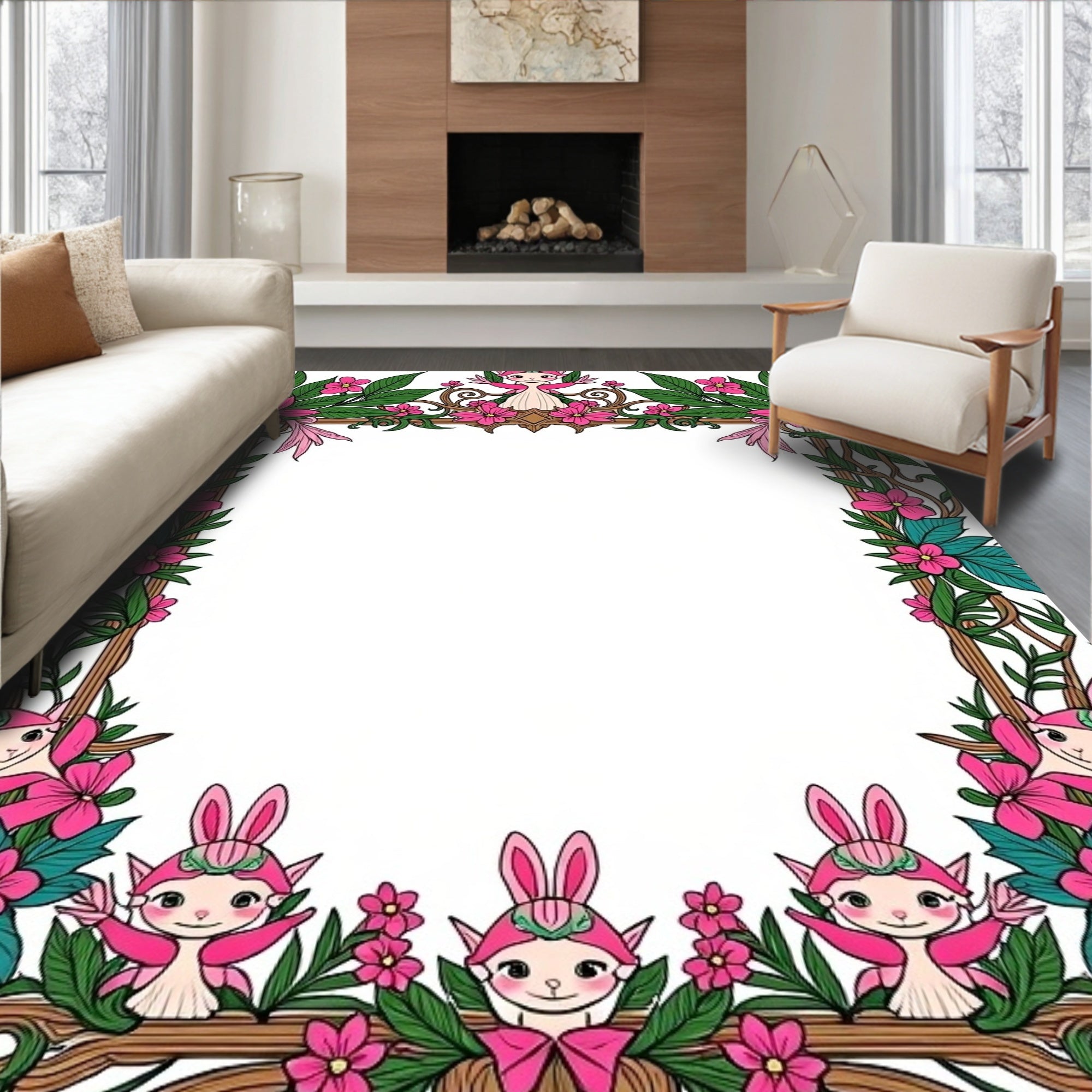 Whimsical Pink Fairy Garden Border Rug