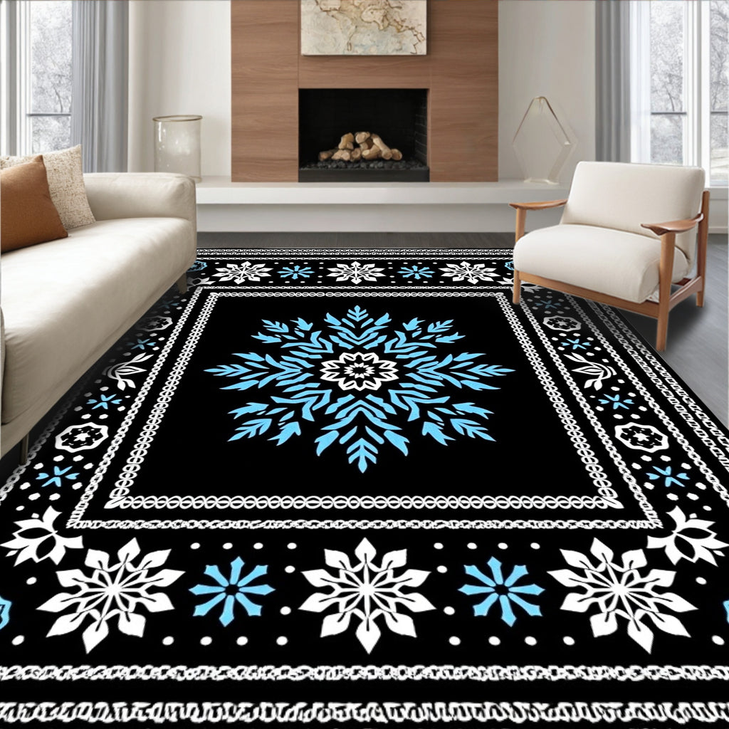 Black White Blue Abstract Snowflake Mandala Rug