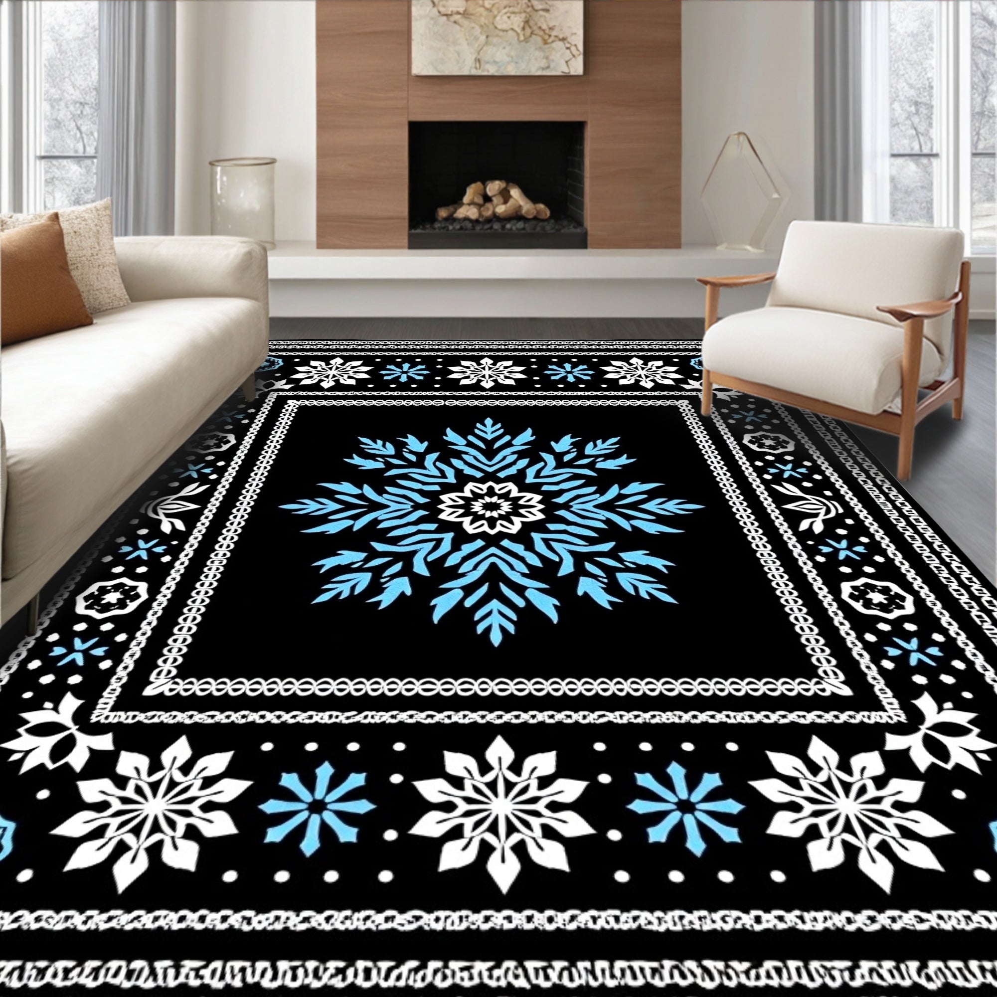Black White Blue Abstract Snowflake Mandala Rug