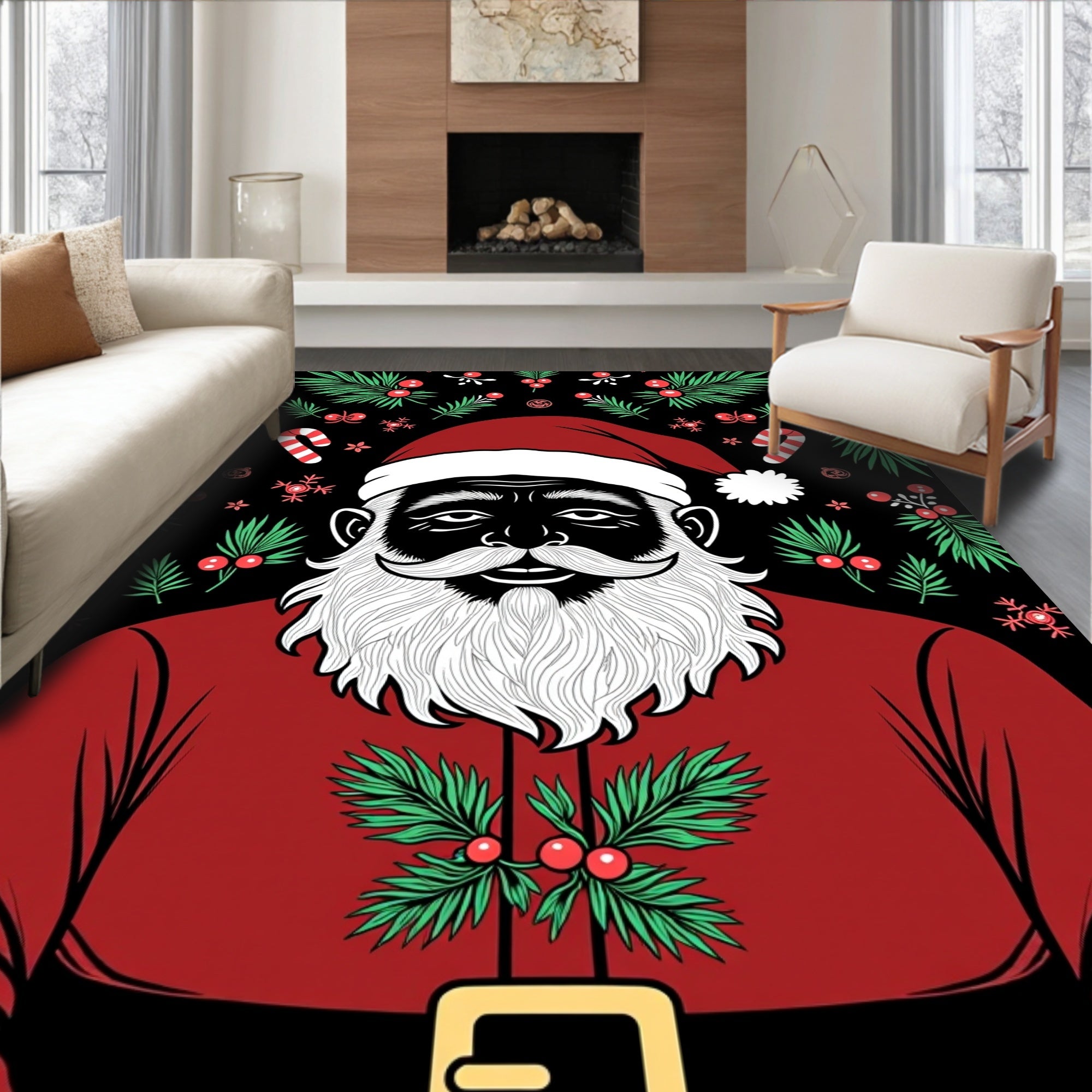 Bold Santa Claus With Red Holly Border Rug