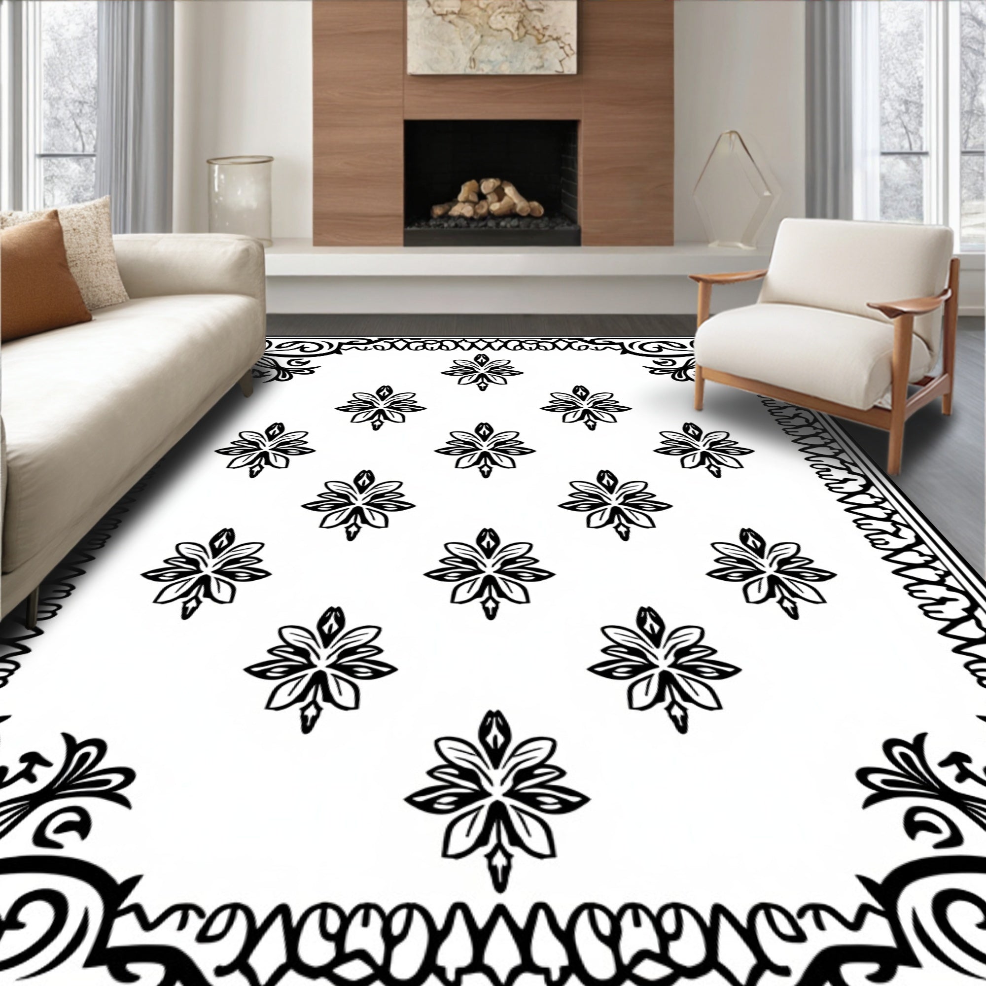 Black White Filigree Floral Medallion Rug