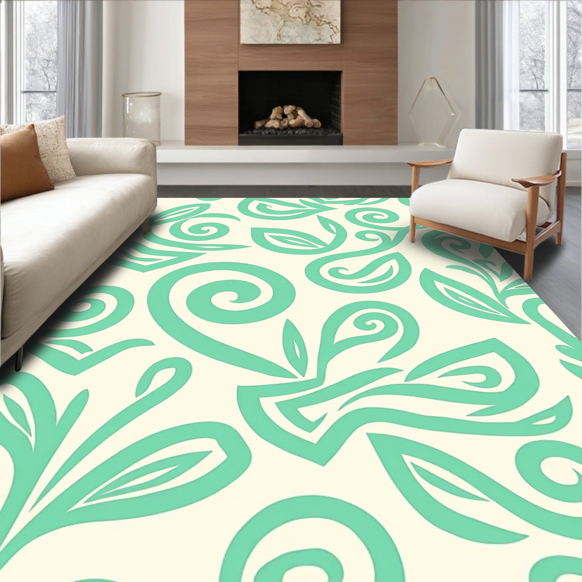 Aqua Swirl Leafy Scroll Rug