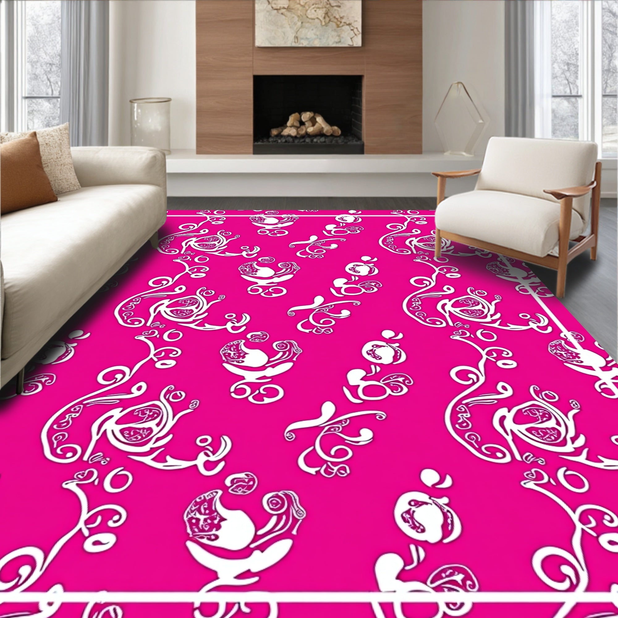 Fuchsia White Floral Swirl Art Rug