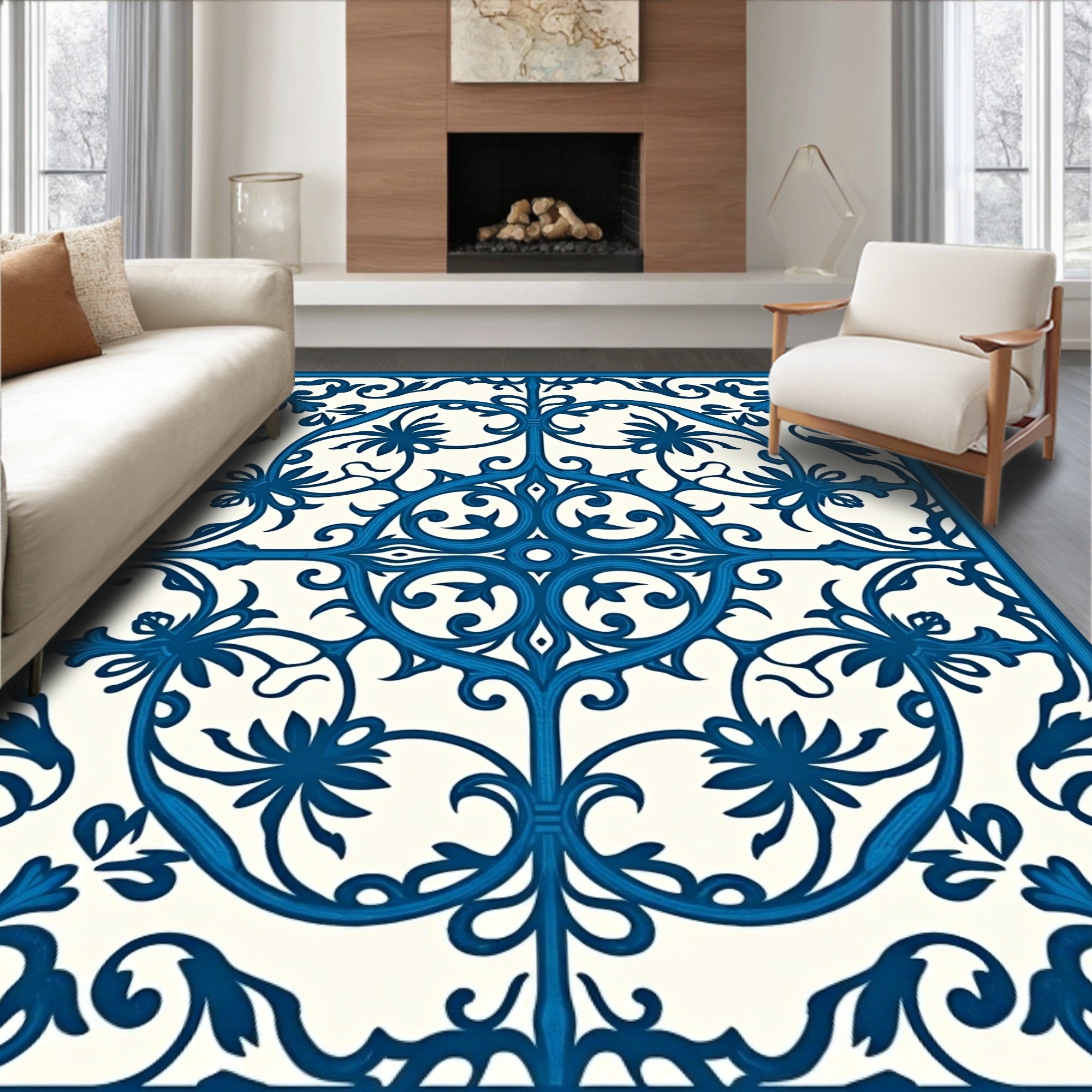 Deep Blue Victorian Floral Scroll Rug