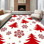 Red Christmas Trees Snowflakes Circles Rug