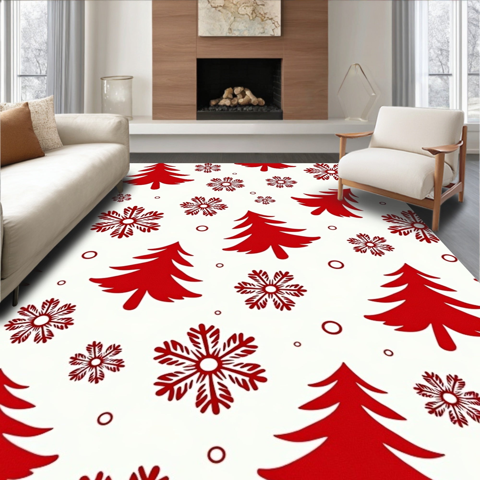 Red Christmas Trees Snowflakes Circles Rug